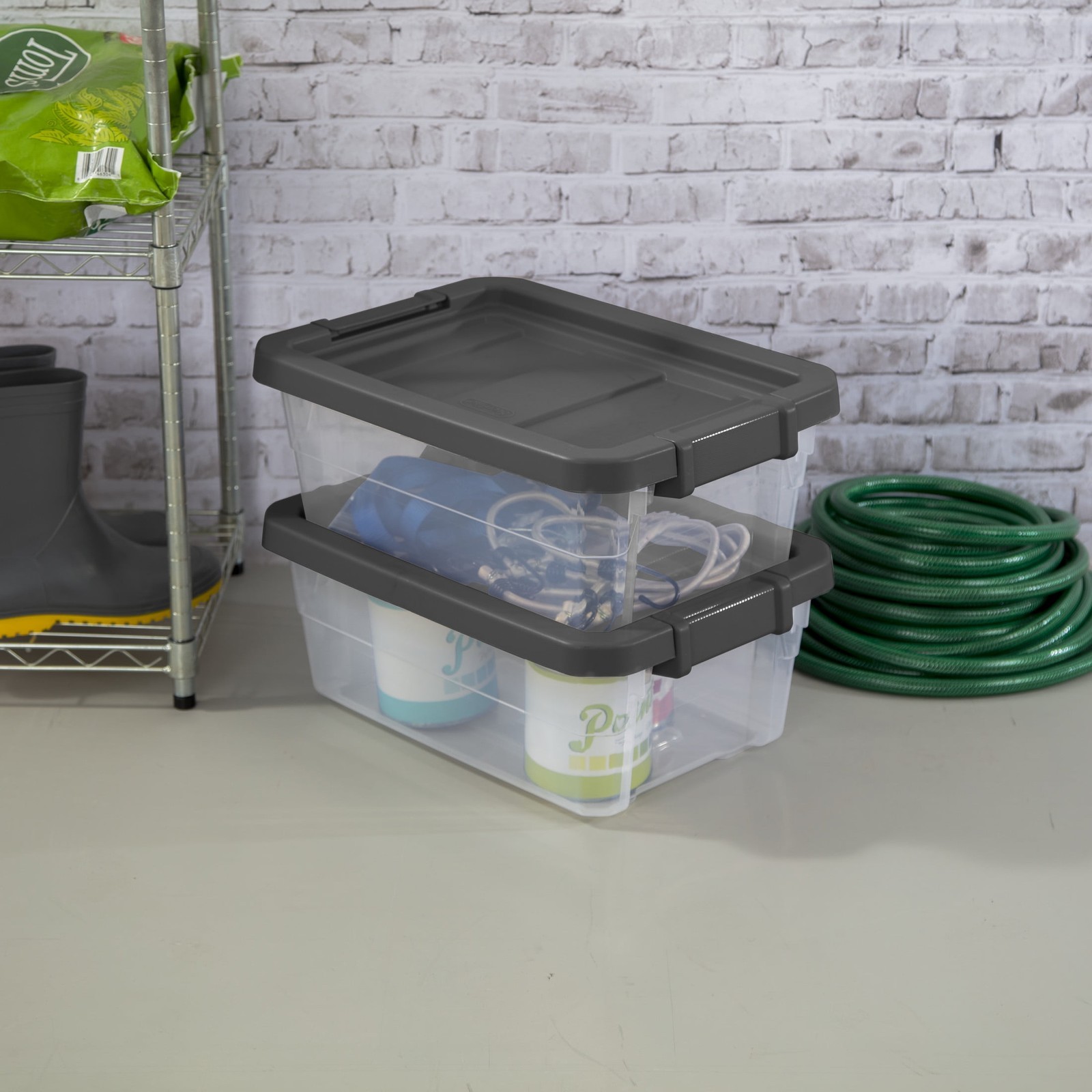 16 Quart Stacker Box Durable Clear Plastic Storage Bin W/ Latch Lid Dark Gray 6