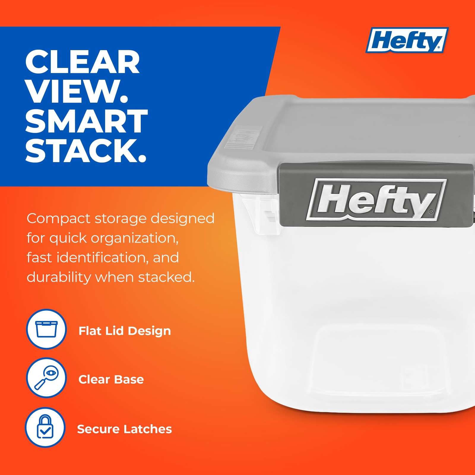 Hefty 6.5 Qt Flat Lid Storage Bin with Lid Stackable Plastic Storage Container