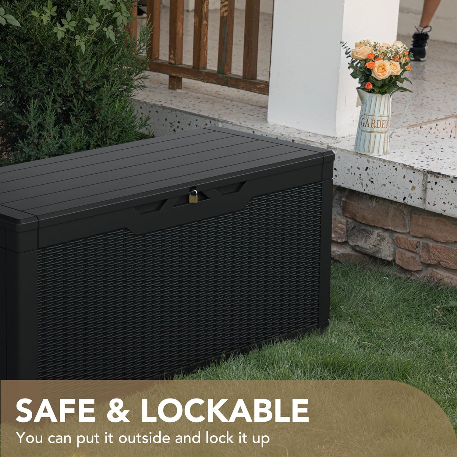 100 Gallon Waterproof Large Resin Deck Box Lockable Storage Container Black