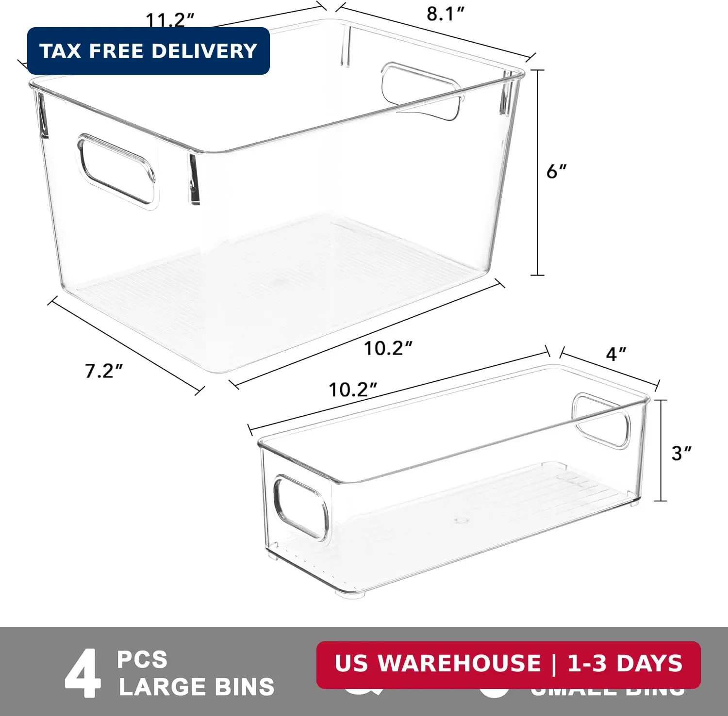 Tiawudi Set of 10 Clear Plastic Storage Bins, 4 Large and 6 Small Stackable Stor
