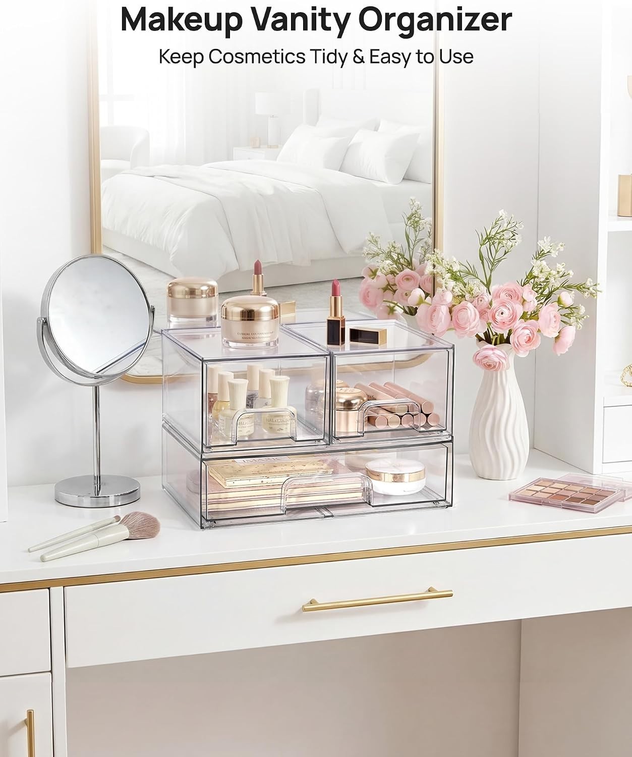 Stackable Storage Drawers 3 Count Clear Plastic Organizers for Beauty Supplies