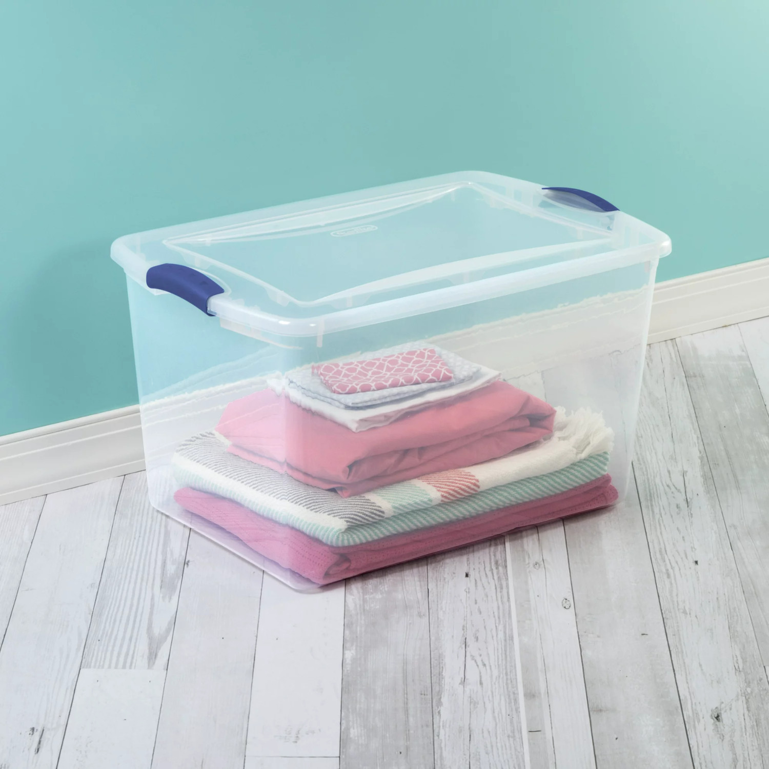 Stackable Plastic Tote Box Storage Containers Bin 66 Quart, Blue Latches