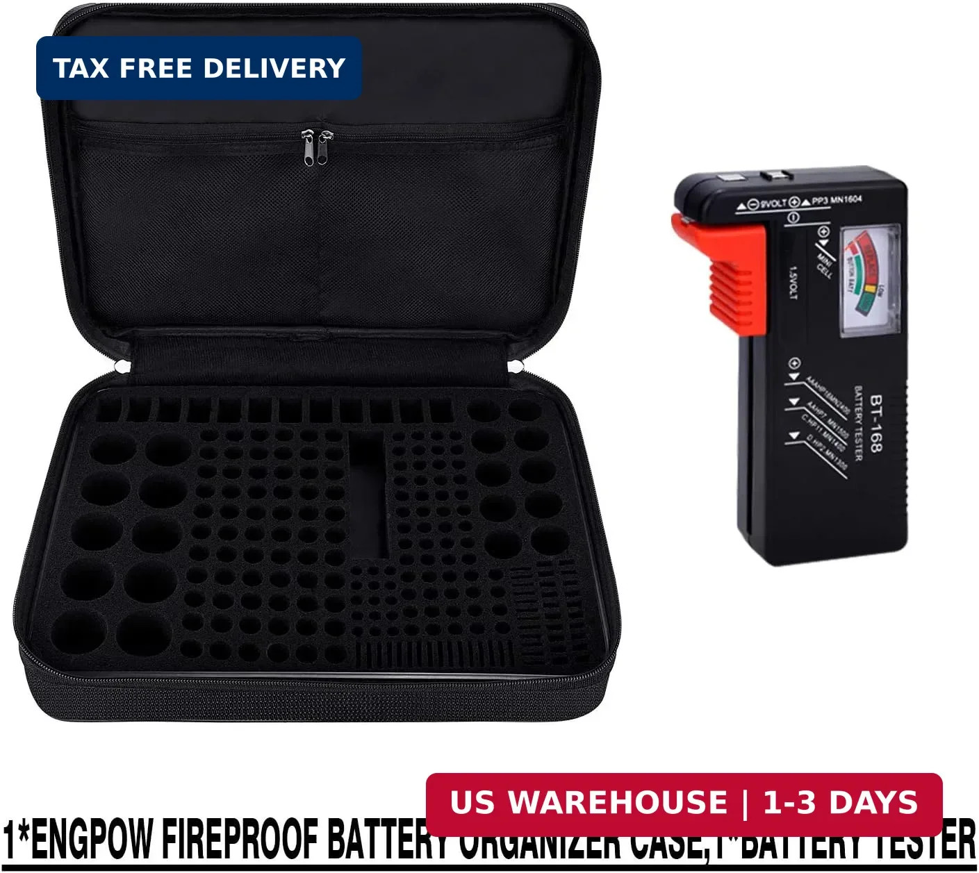 Battery Organizer, Fireproof Battery Organizer Storage Case with Tester (BT168),