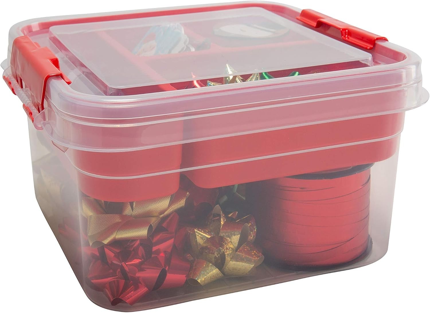 5 Compartment Gift Supply Storage Box | 2 Tier Box | Red | Clear Top Lid | Di…
