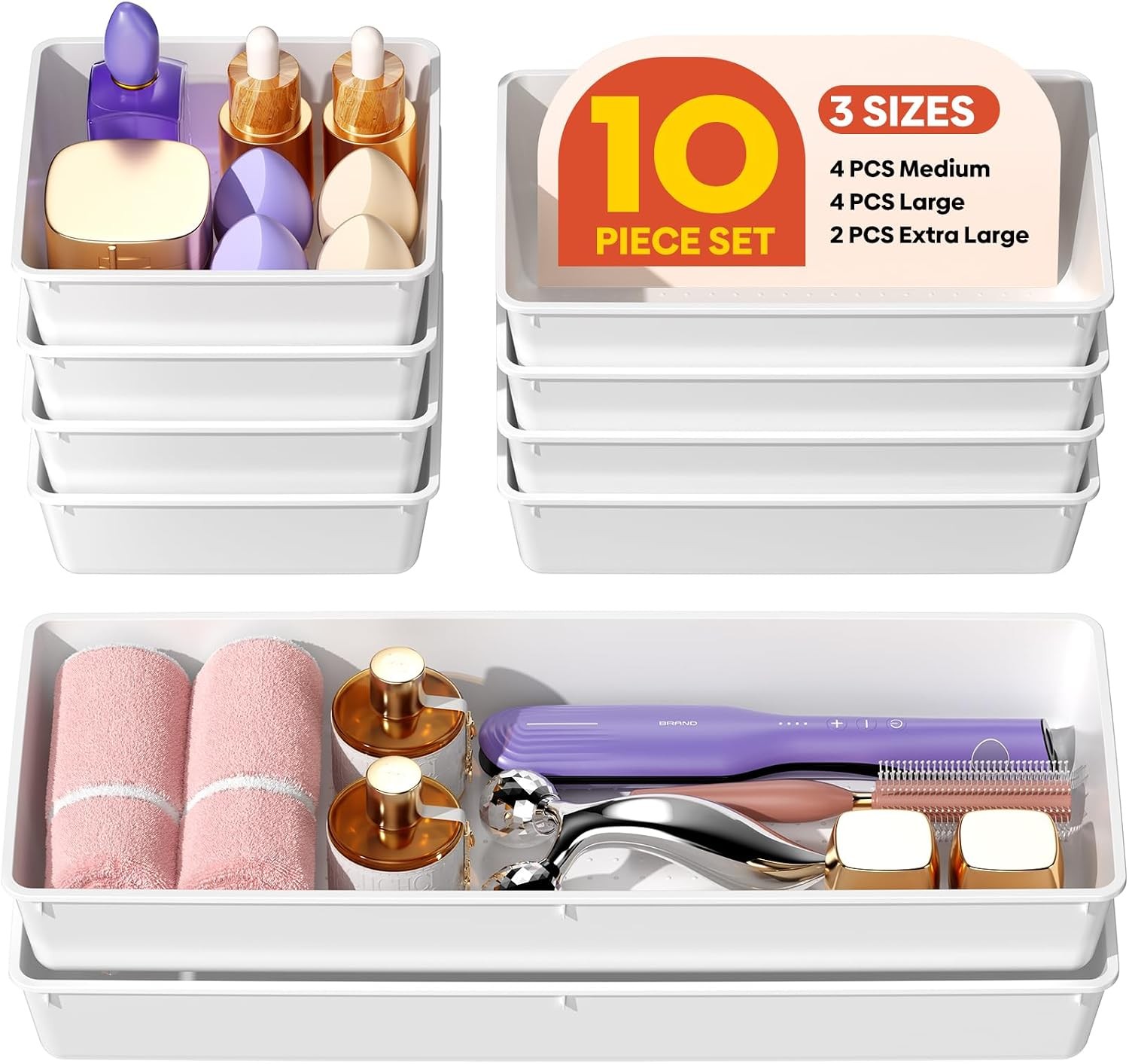 10 Pack Large Size Plastic Drawer Organizers Set 3 Sizes Desk Drawer Organizer