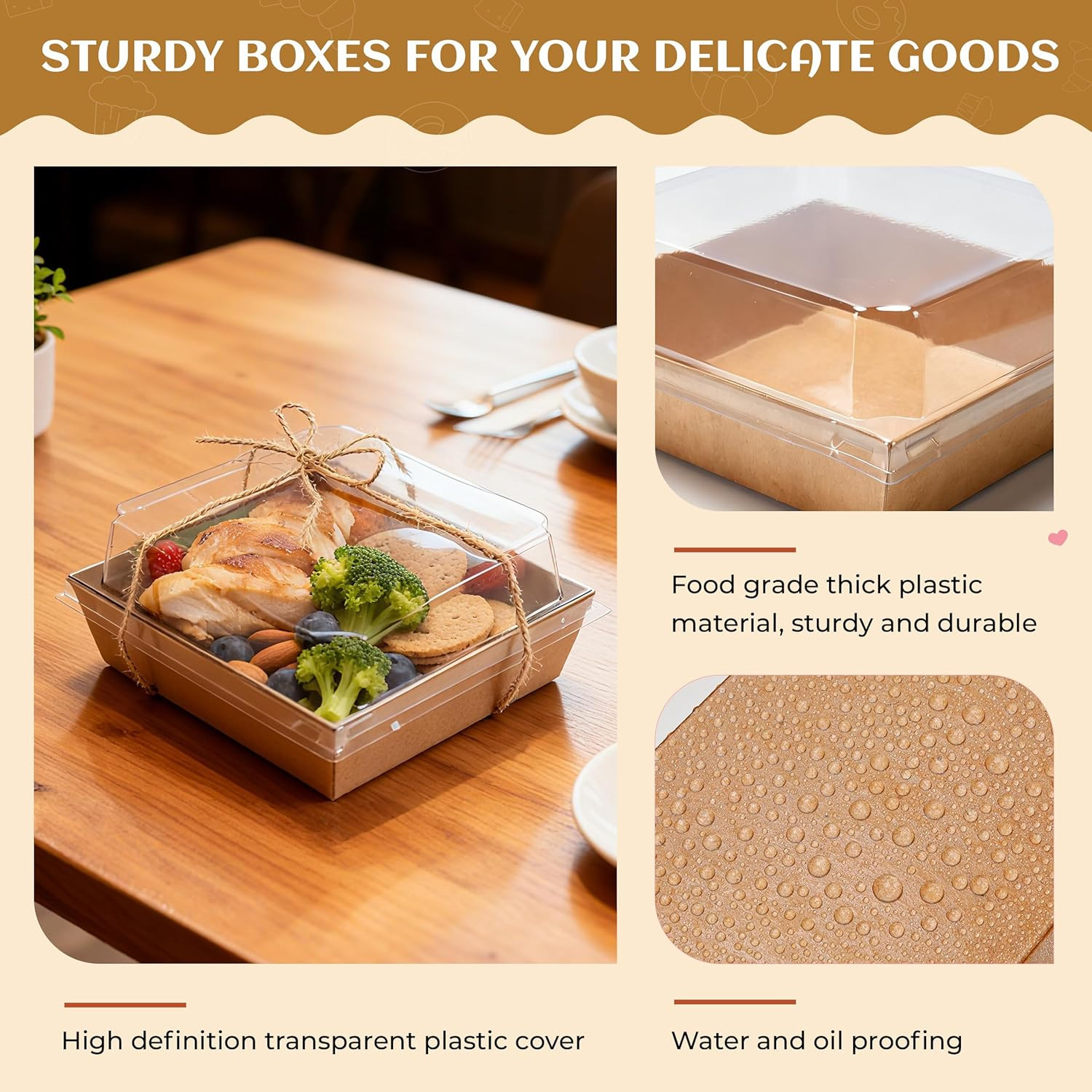 50 Pack Brown Lidded Grazing Boxes 5.3X4.9X2.5In for Picnic Bites | Rope and Sti