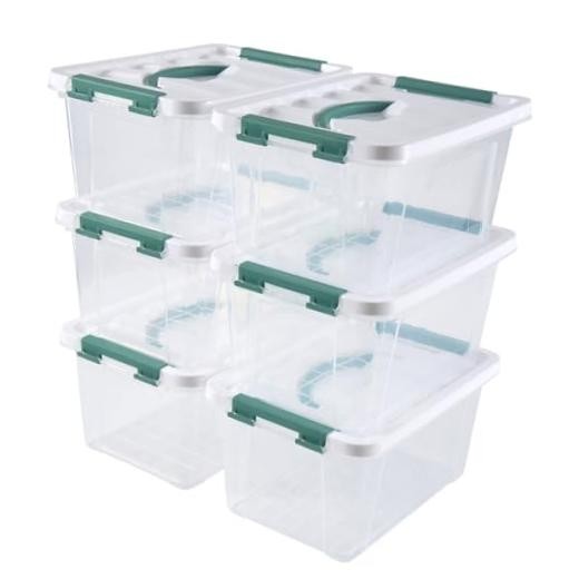 6 Quart Plastic Stackable Storage Latch Bins,Clear Latching Box Green Handle
