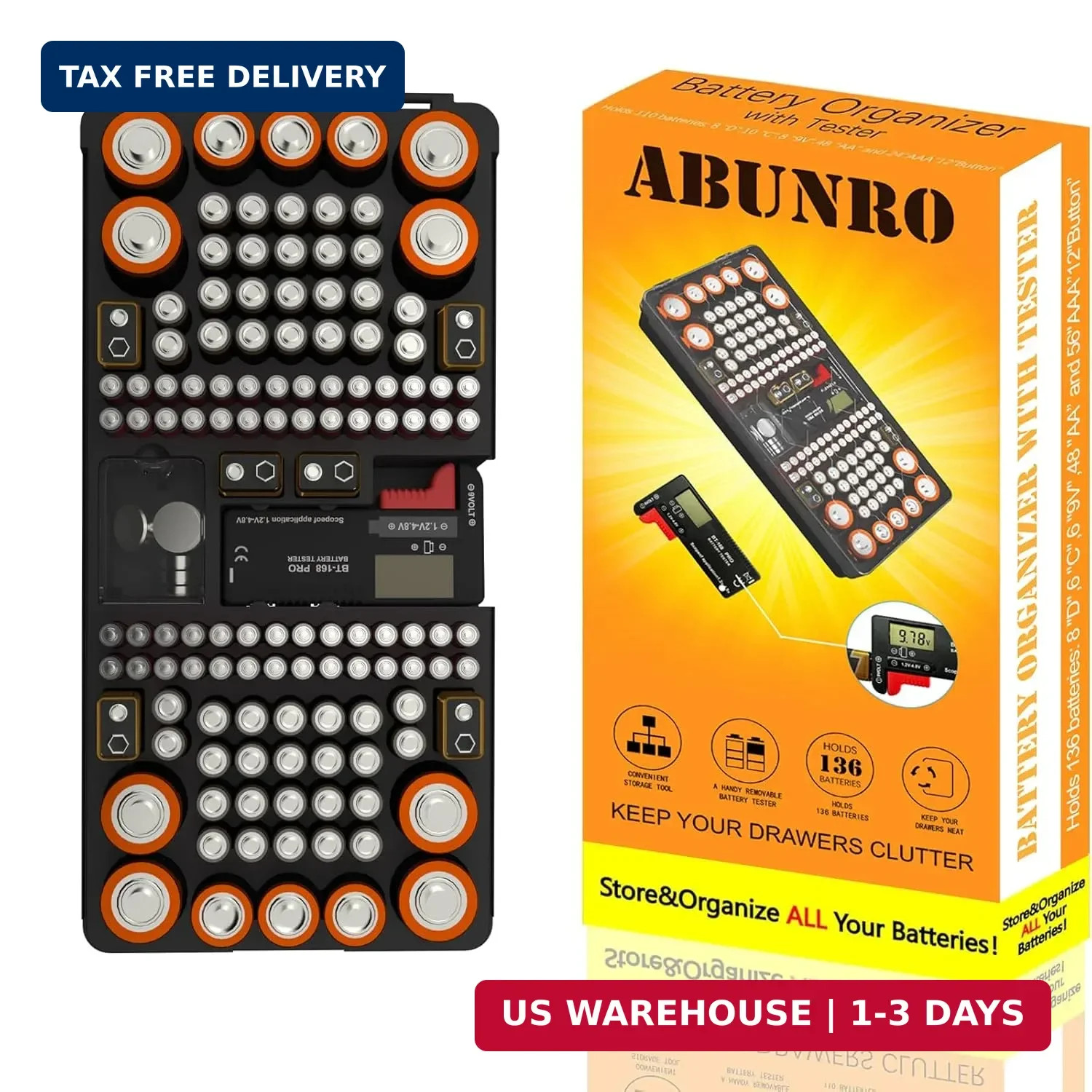 Battery Organizer Storage Case with Digital Tester, Holds 136 Batteries AAA AA C