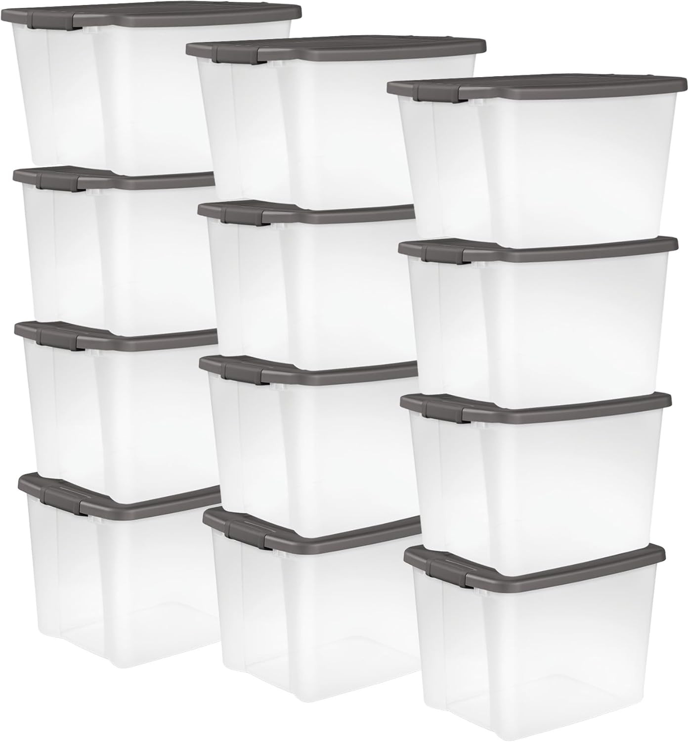 12-Pack 50 Quart Clear Storage Bins with Gray Lids – Stackable!