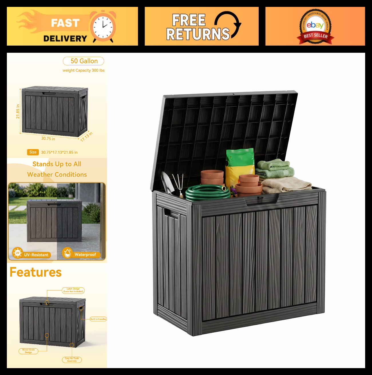 50 Gallon Waterproof Outdoor Storage Box, Lockable Patio Container for Tools & S