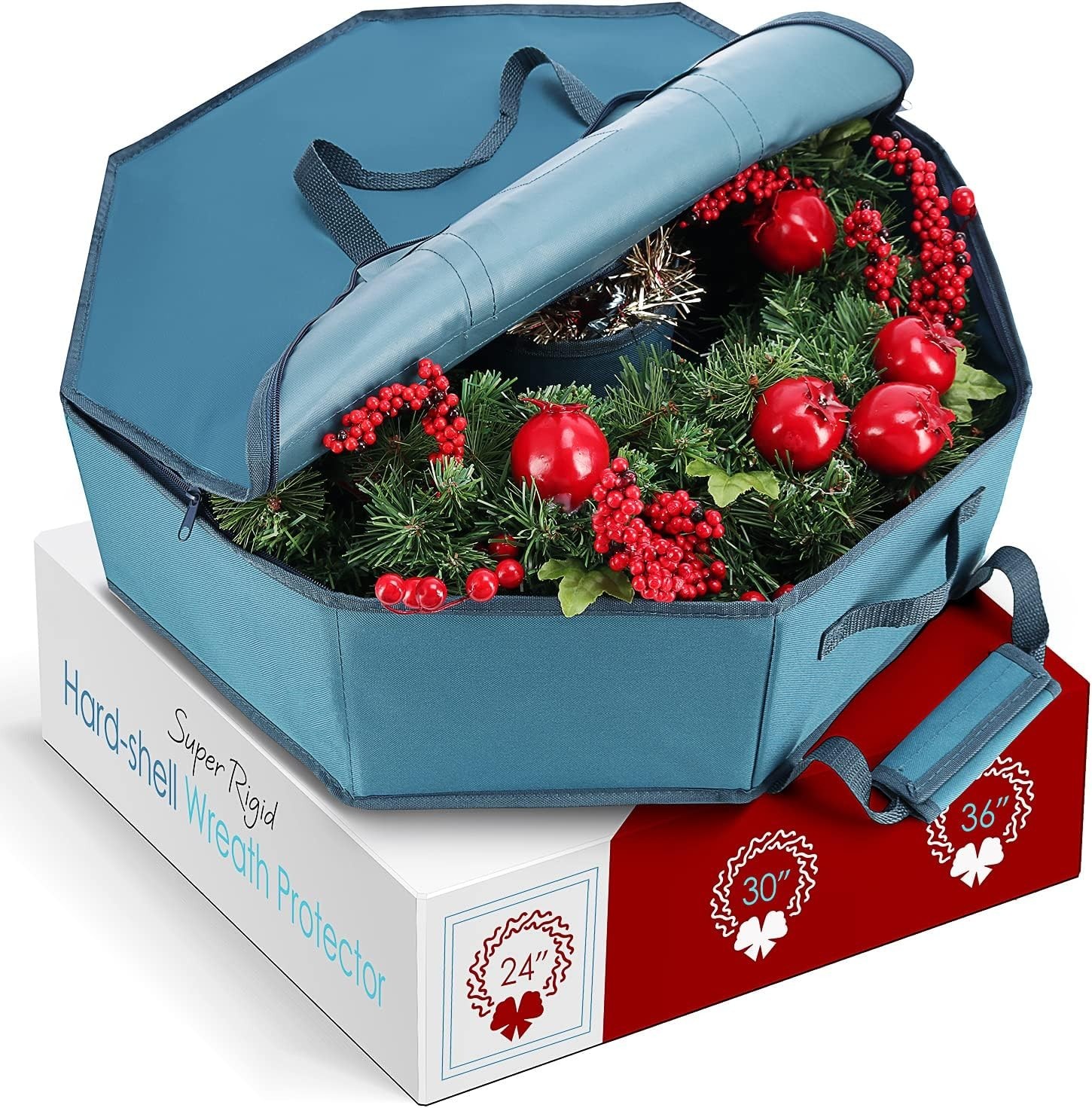 Hard Shell Wreath Storage Container 24&Prime; Durable Organizer Bag with Handles Blue