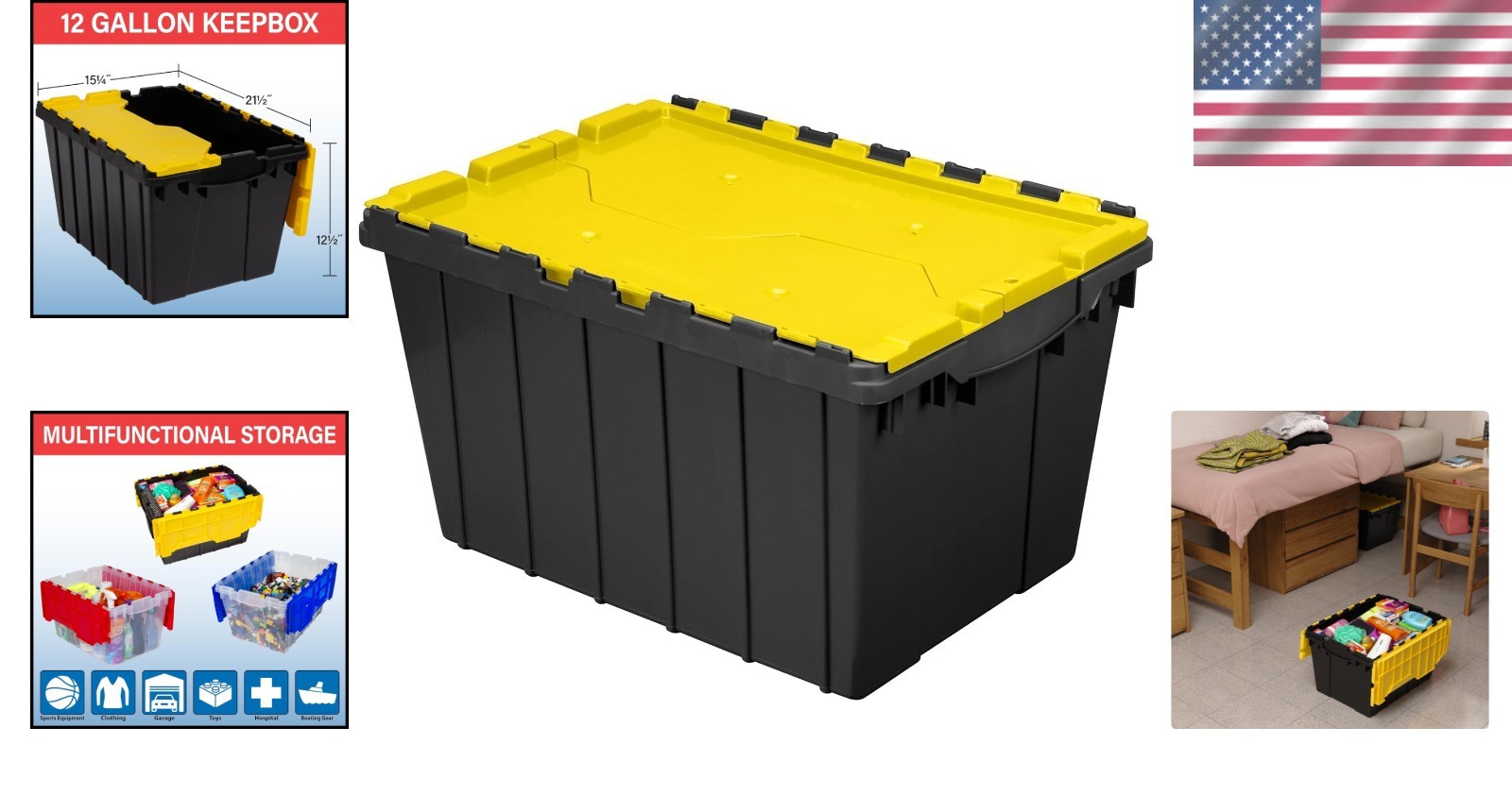 Industrial-Grade Plastic Storage Tote with Lid, 12 Gallons