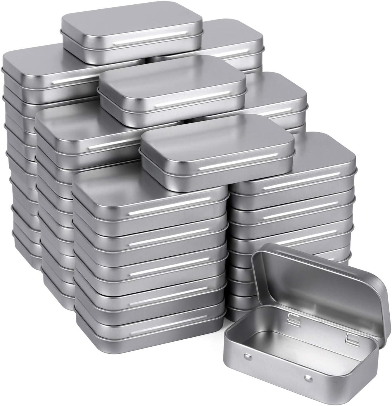 Metal Rectangular Empty Hinged Tins Pack of 40 Silver Mini Portable Box Small St