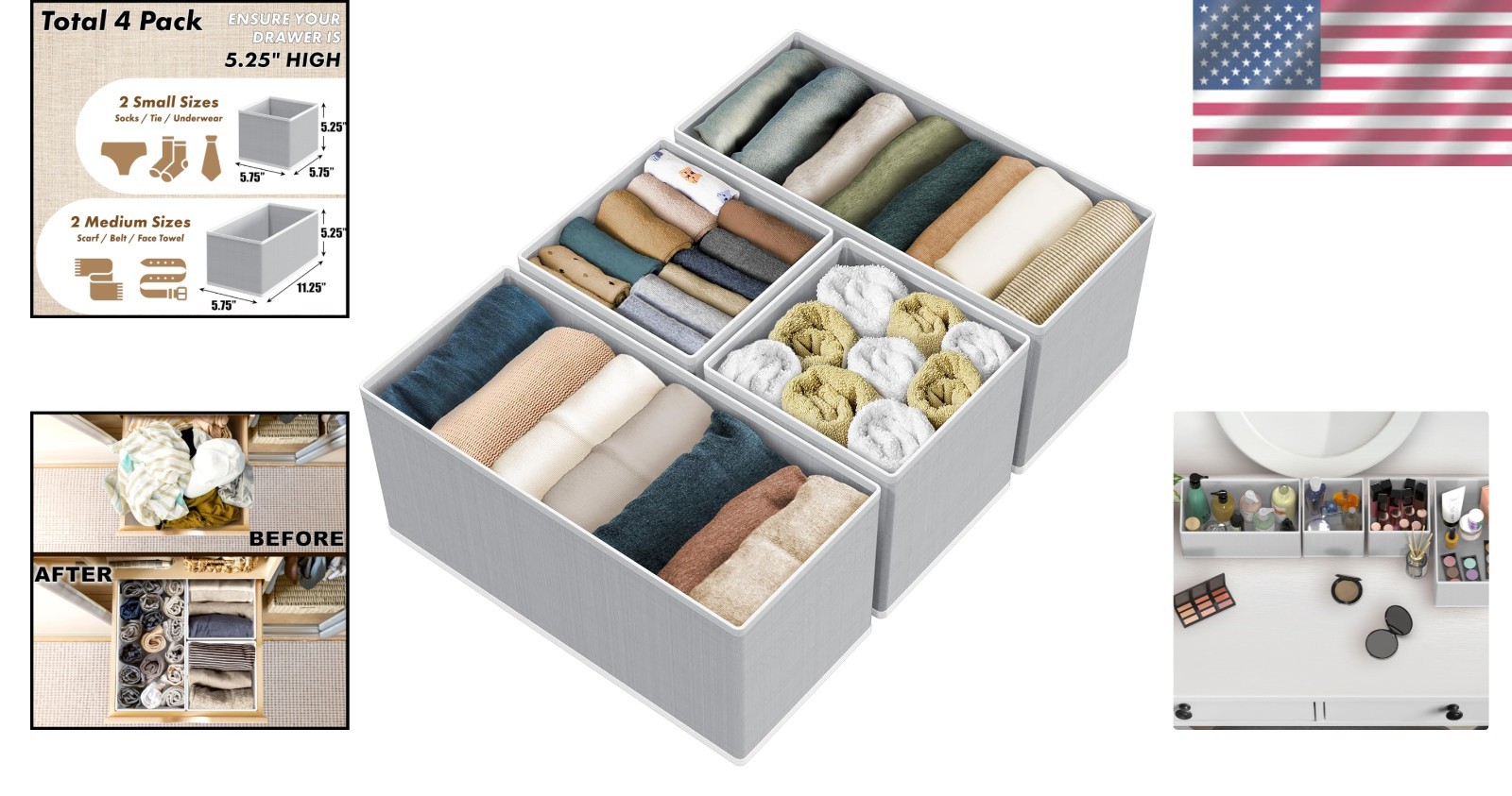Stylish Gray 4-Compartment Underwear Organizer – Collapsible and Space-Saving