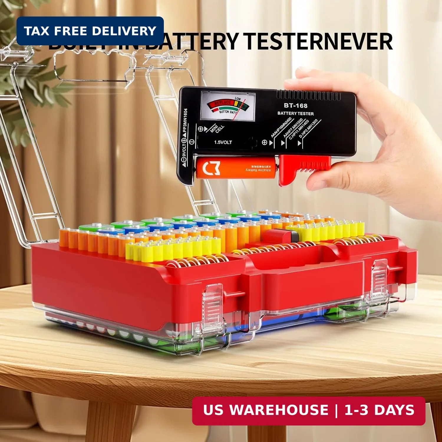 Battery Organizer Box with Tester, Storage Case Holds 260 Batteries, D