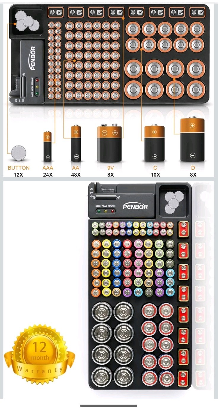 PENBOR Plastic Battery Storage Case, Tray Organizer & Tester