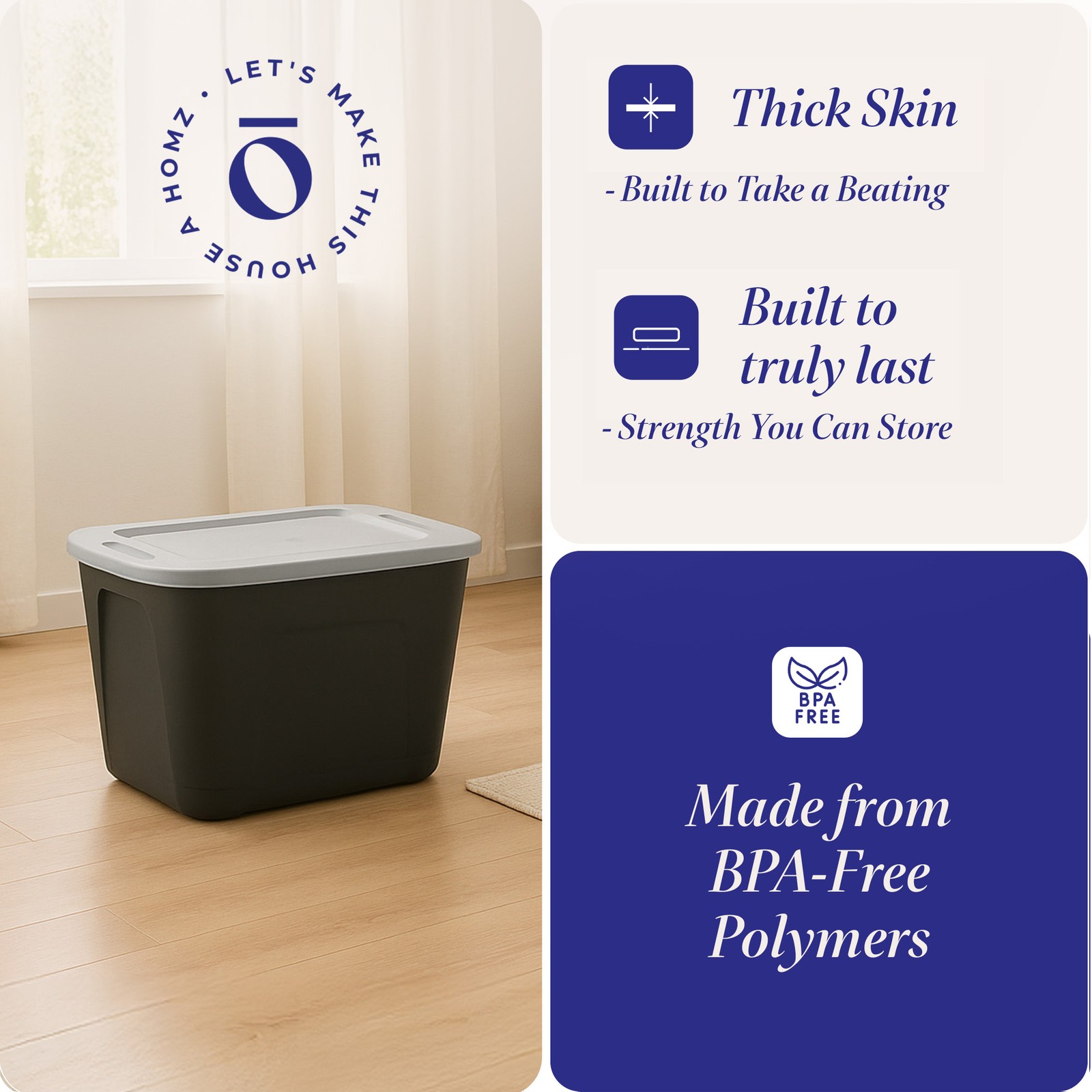 Homz 6610BKTS.10 10 Gallon Molded Plastic Storage Bin with Secure Lid (2 Pack)