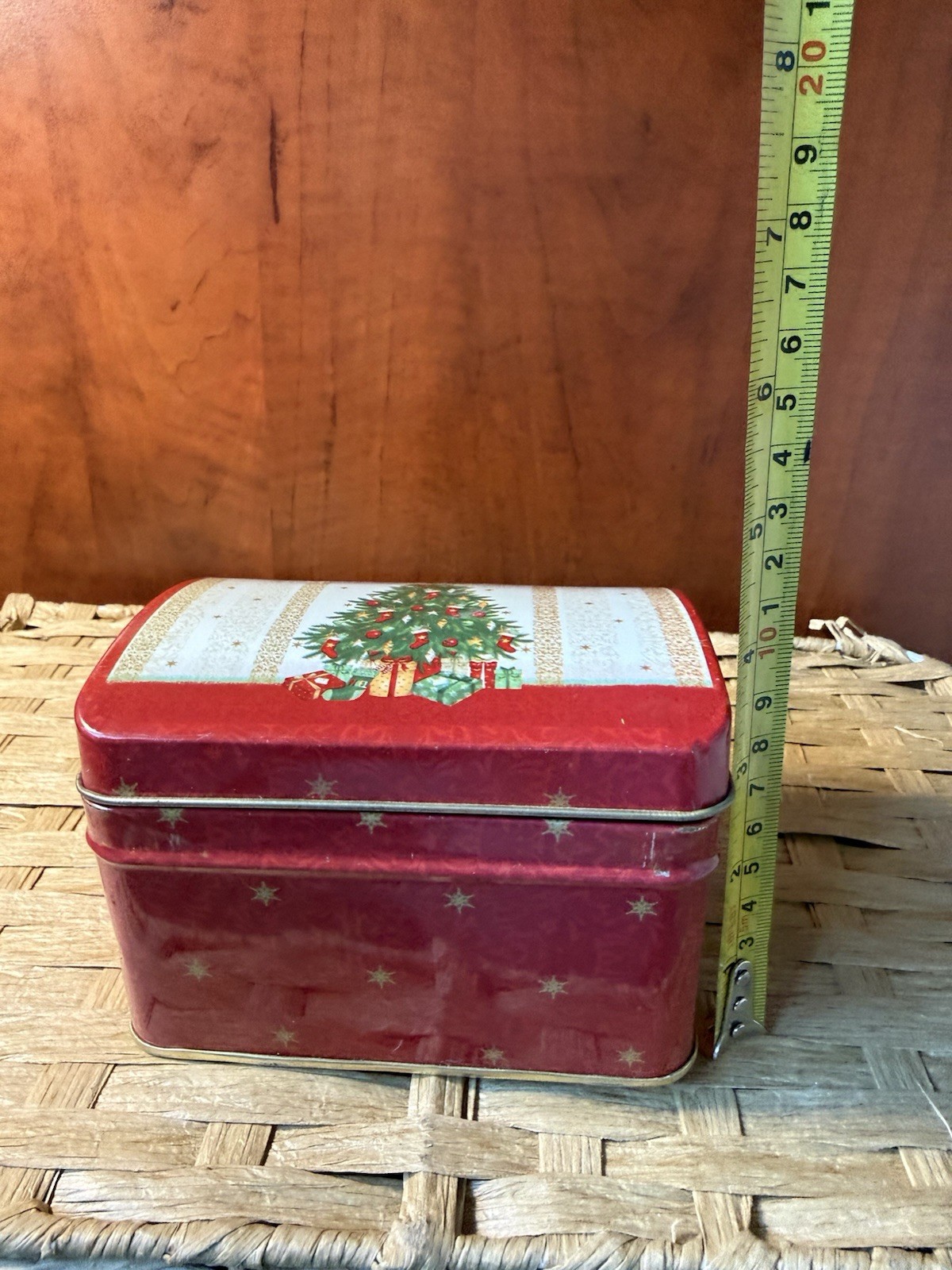 Vintage Holiday Christmas Tree Tin Box Trinket Storage Container