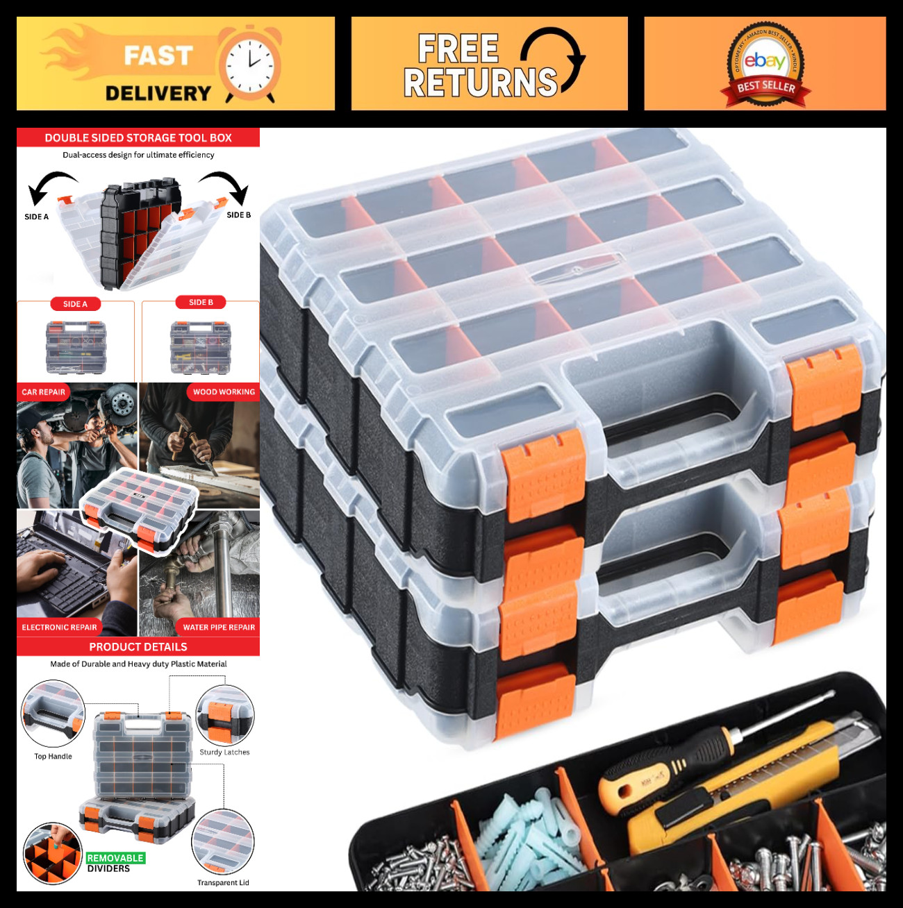 34-Compartment Portable Hardware Organizer Box – Double-Sided Storage for Screws