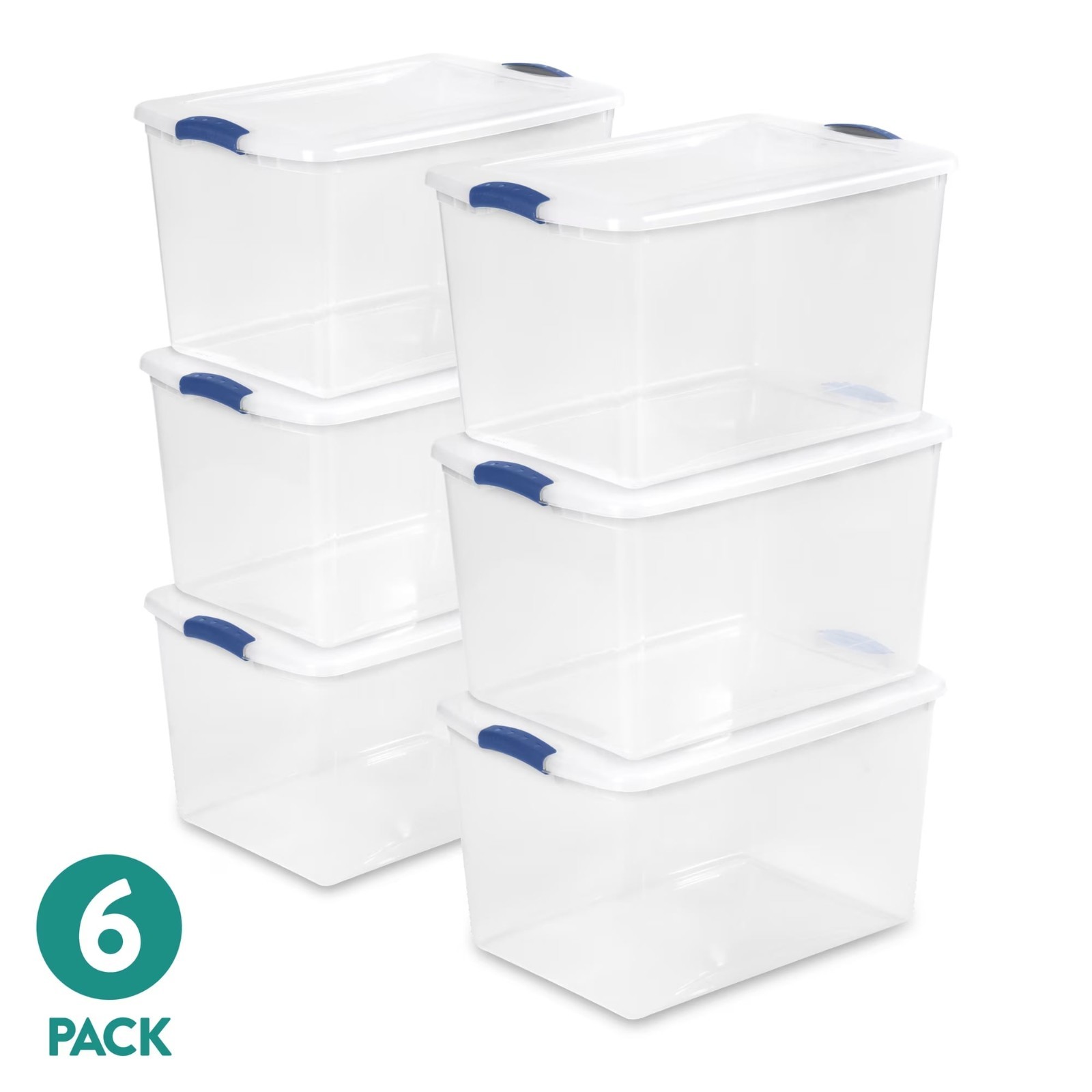 6 Pack Sterilite Large Latching Storage Bin, 66 Quart Clear Plastic Storage