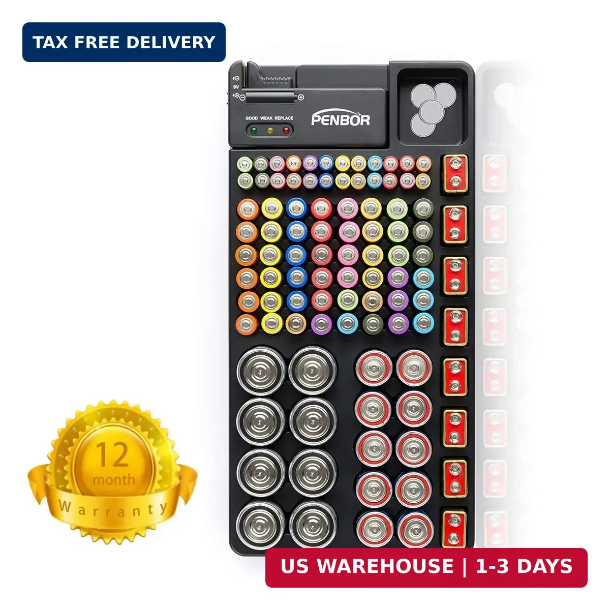Battery Organizer Storage Case with No Lid Snap, Portable Battery Tester, Just T