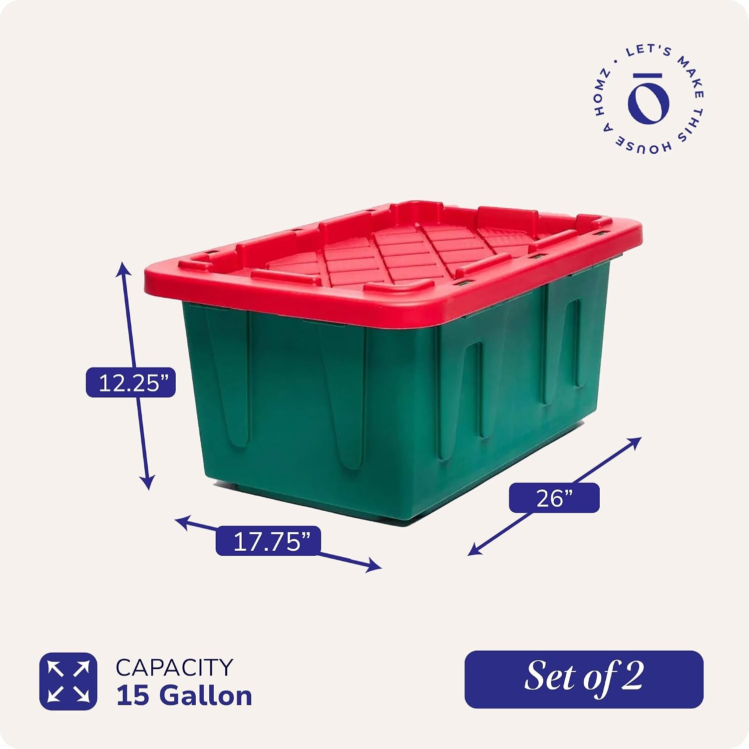 Holiday Plastic Storage Container 15 Gallon – Set of 2 Green and Red 2 Sets