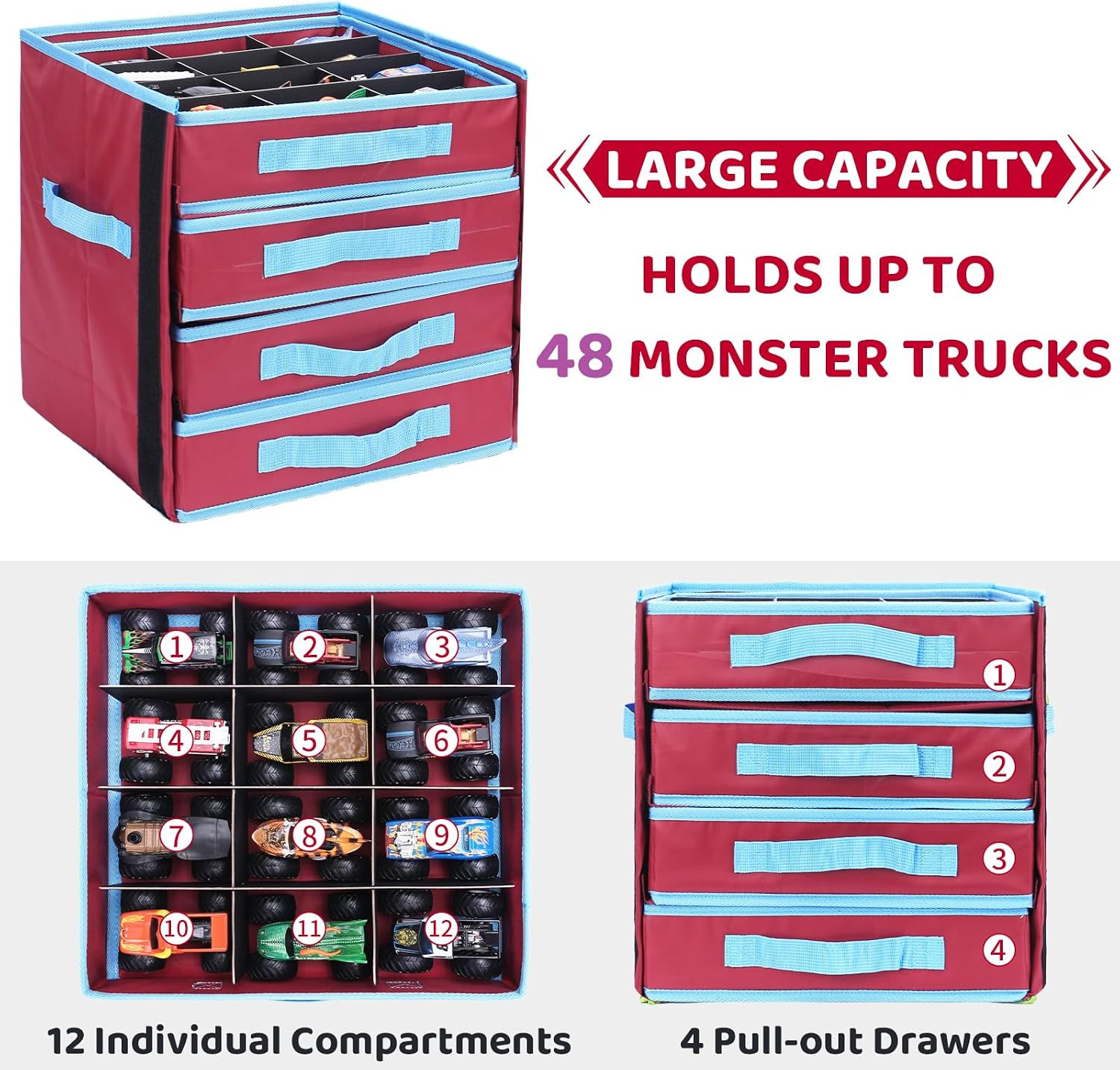 Monster Truck Storage Organizer, 4-Layer Trucks Storage Box with 48 Compartments