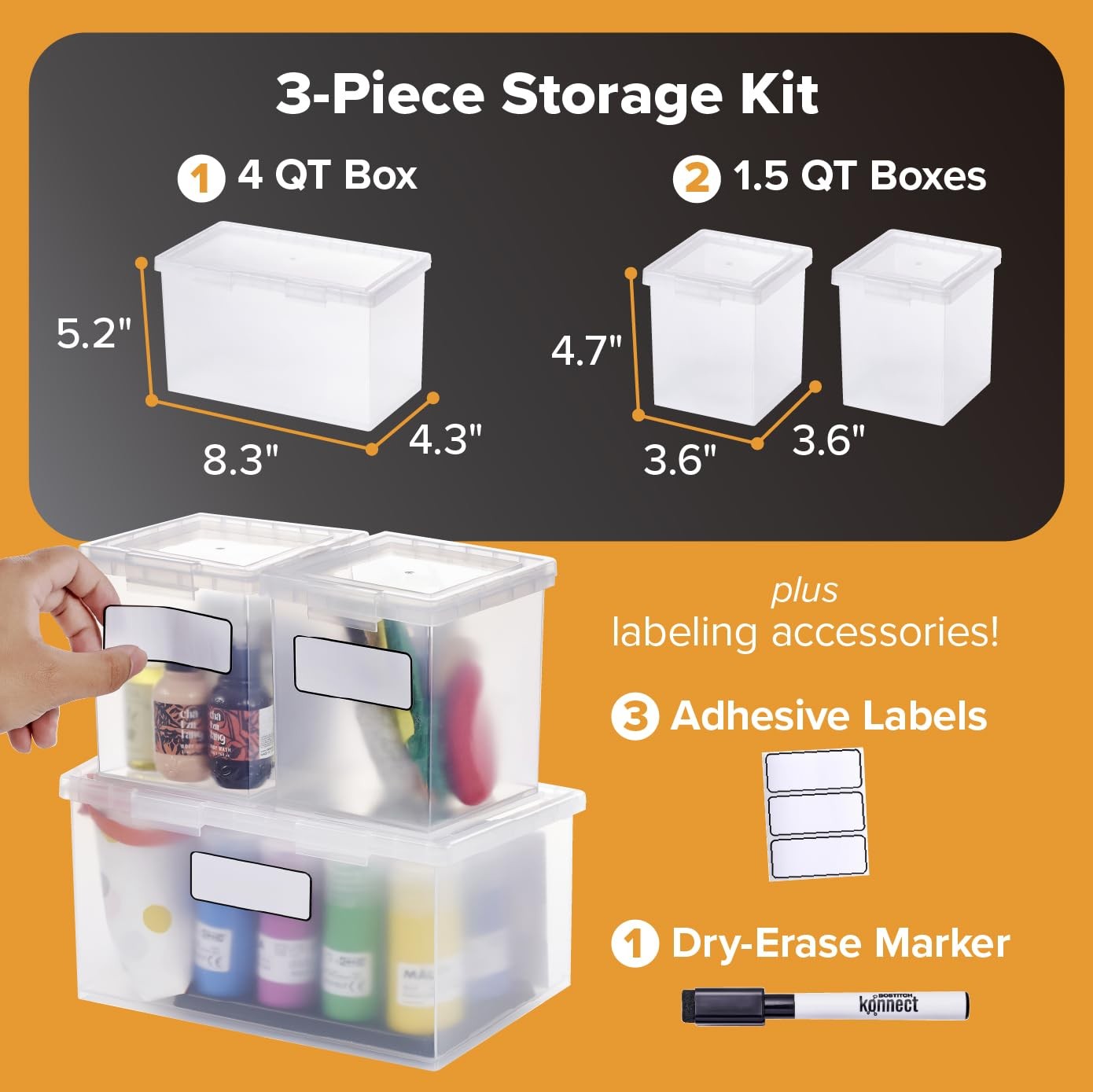 Bostitch Konnect Storage Containers One 1.5-Qt Box, Two 0.5-Qt Boxes, Clear