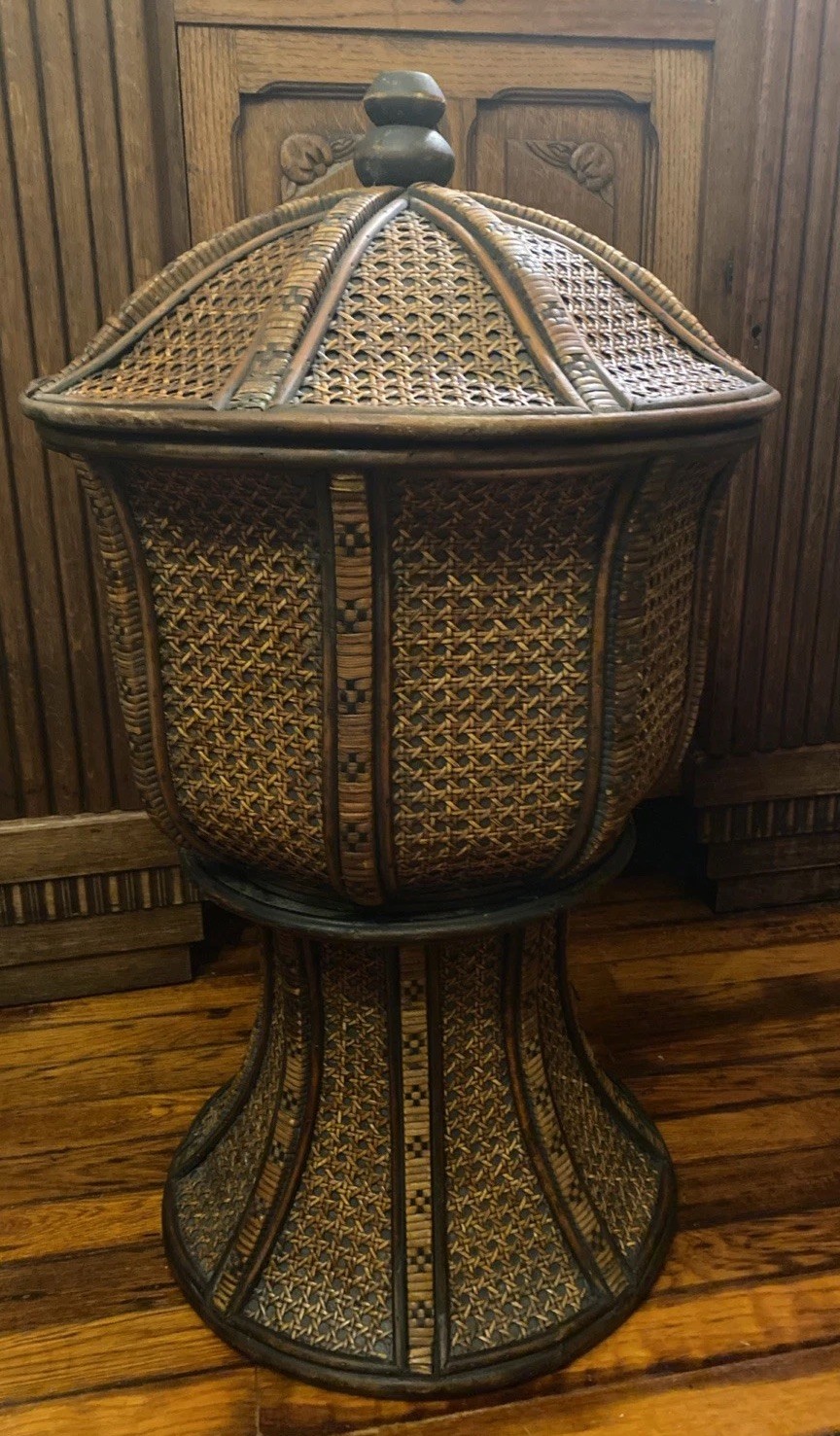 Chinese Tinalik Basket Storage Container Intricate Woven Rattan 31&Prime; T 17&Prime; D