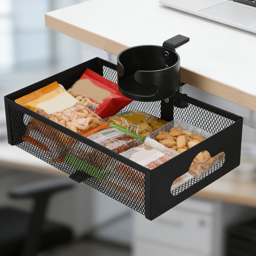 Snack Storage Rack Clamp-on Tray Cup Holder with Basket
