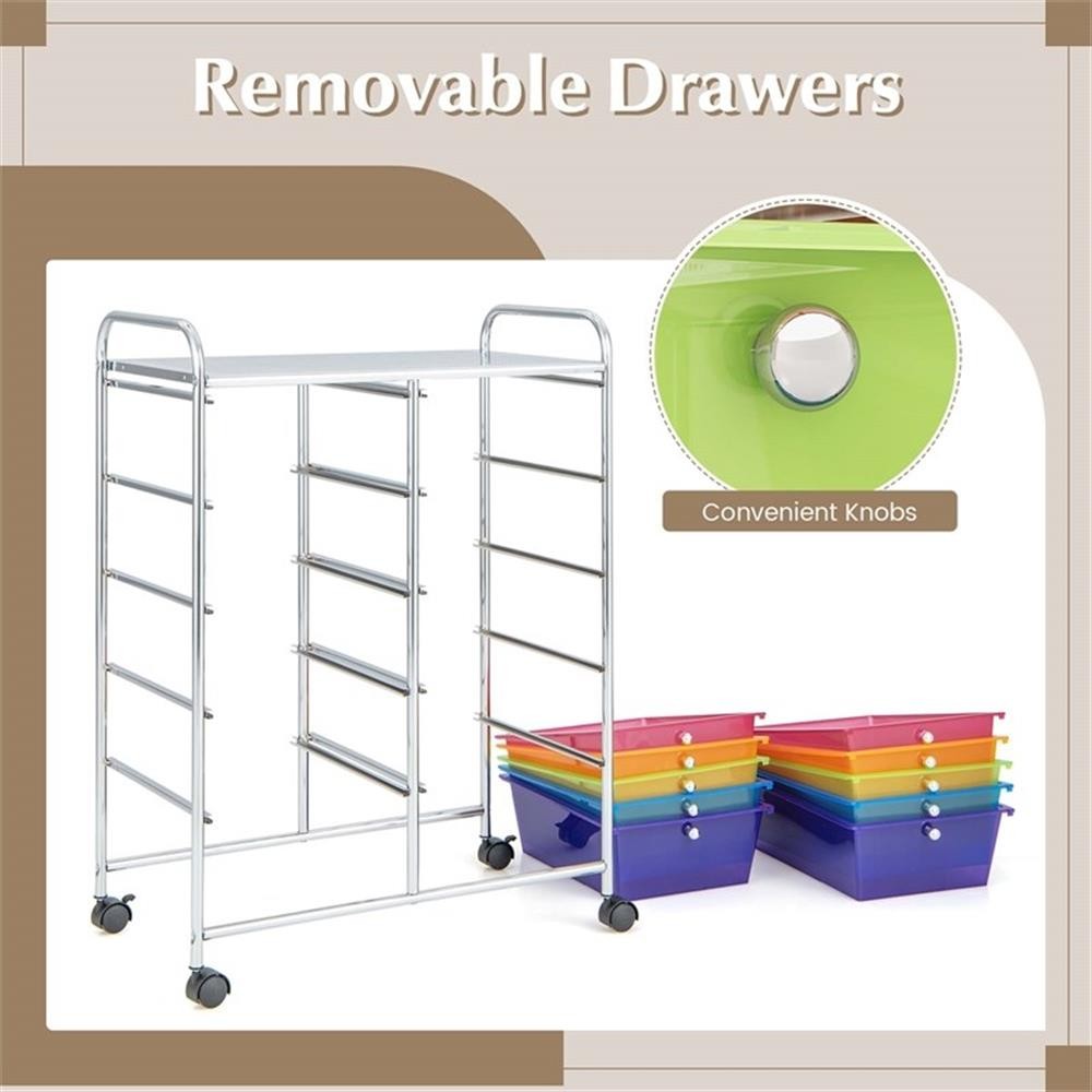 Pemberly Row 10-Drawer Plastic Storage Cart Utility Rolling Trolley in Rainbow