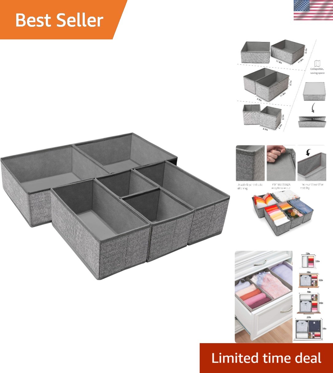 Elegant Foldable Underwear Organizer: 6 Compartment Storage for Clothes, Gray