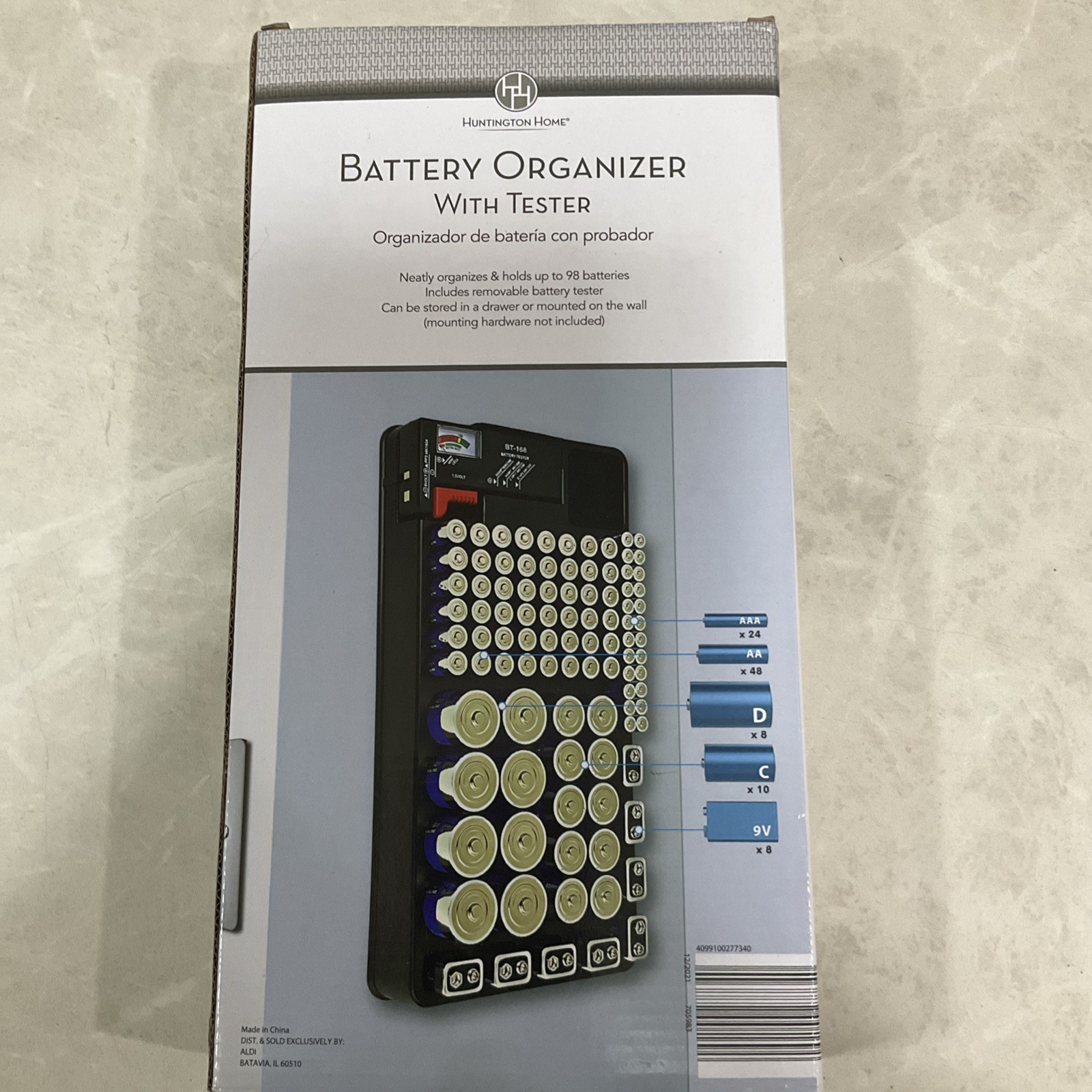 Huntington Home Battery Organizer With Tester Holds 98 Batteries NEW IN BOX