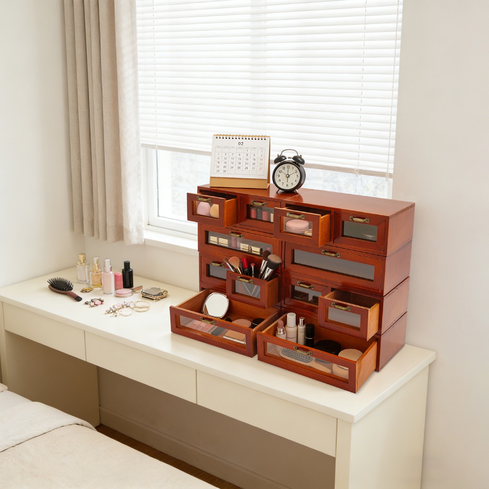Vintage Wood Stackable Storage Box, Multi-Drawer Desktop Organizer W/ Handles