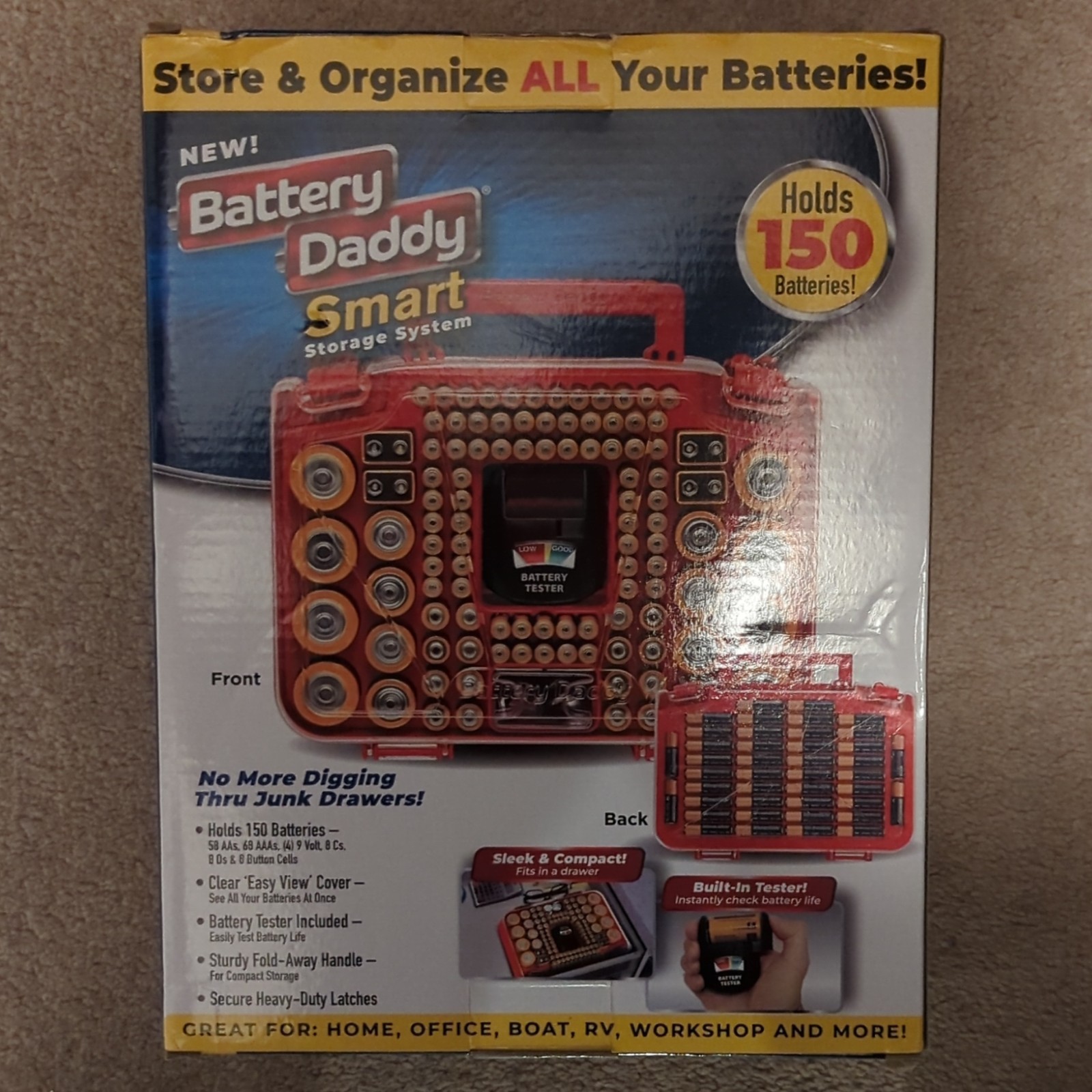 Battery Daddy Smart 150-Battery Double Sided Case w/ Built-In Tester, Handle