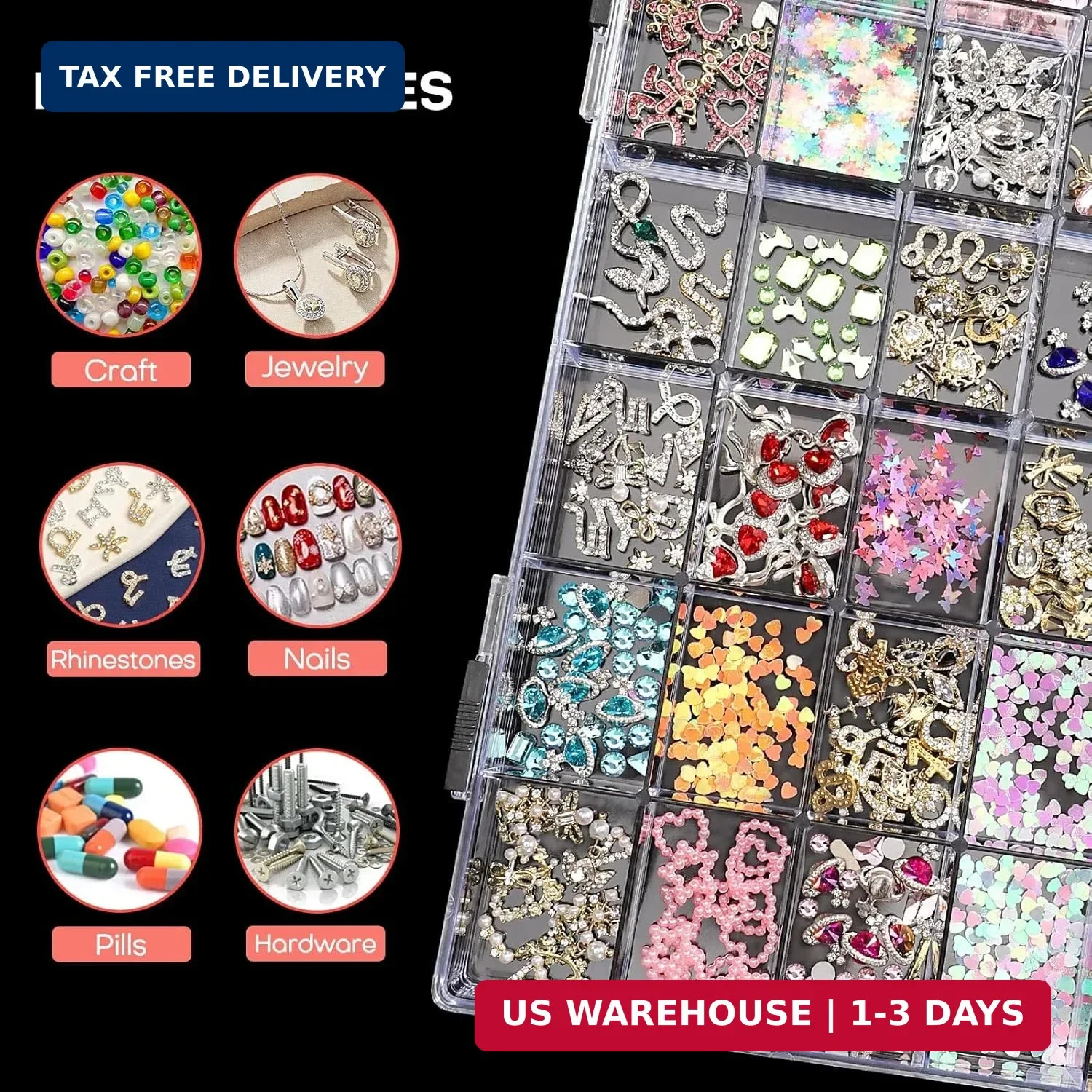 Noverlife 2 Pack 36 Grids Clear Plastic Organizer Box, Jewelry Craft Storage Con