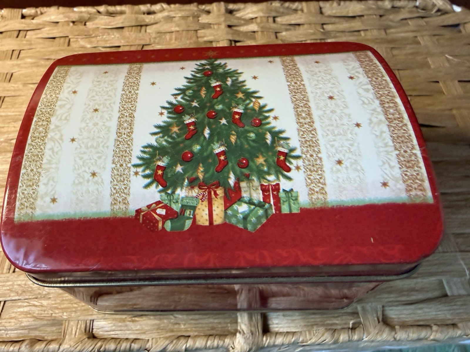 Vintage Holiday Christmas Tree Tin Box Trinket Storage Container
