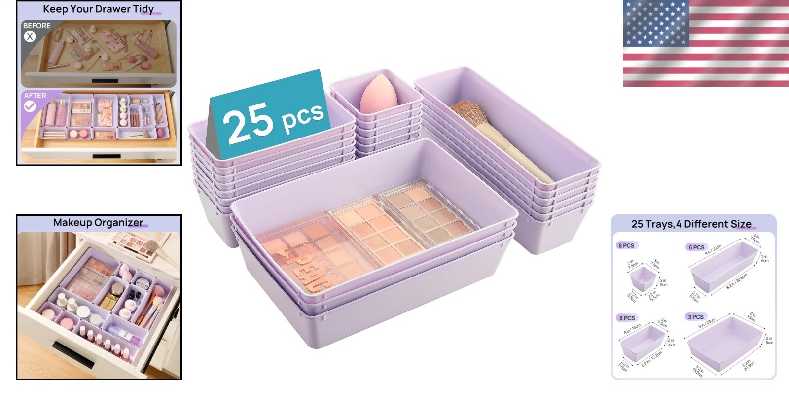 Clear Plastic Drawer Organizers 25pc Set Lilac 4 Size Vanity Makeup Kitchen