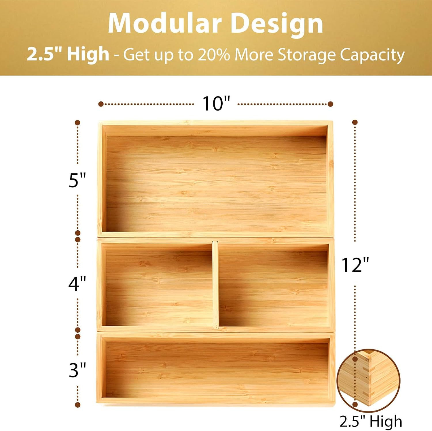Drawer Organizer Storage Boxes, 2.5&Prime; High Bamboo Drawer Dividers, 3 Rearrangeabl