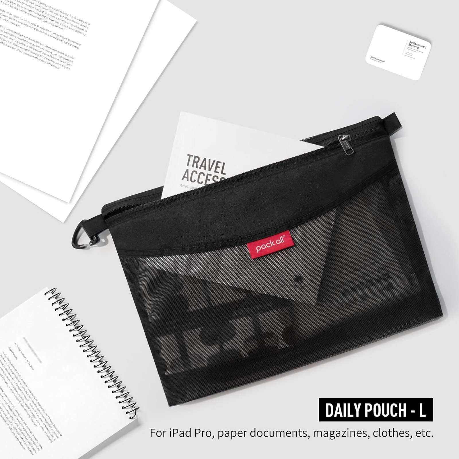 Water-Resistant Mesh Zipper Pouch Set, Travel Office Storage Organization, Black
