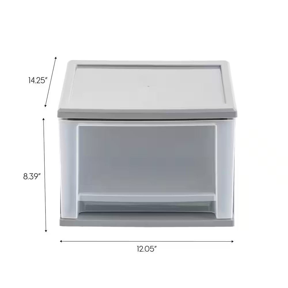 Stackable Storage Drawer 1 Tier Clear Front Gray Plastic Organizer Bin 17.5 qt