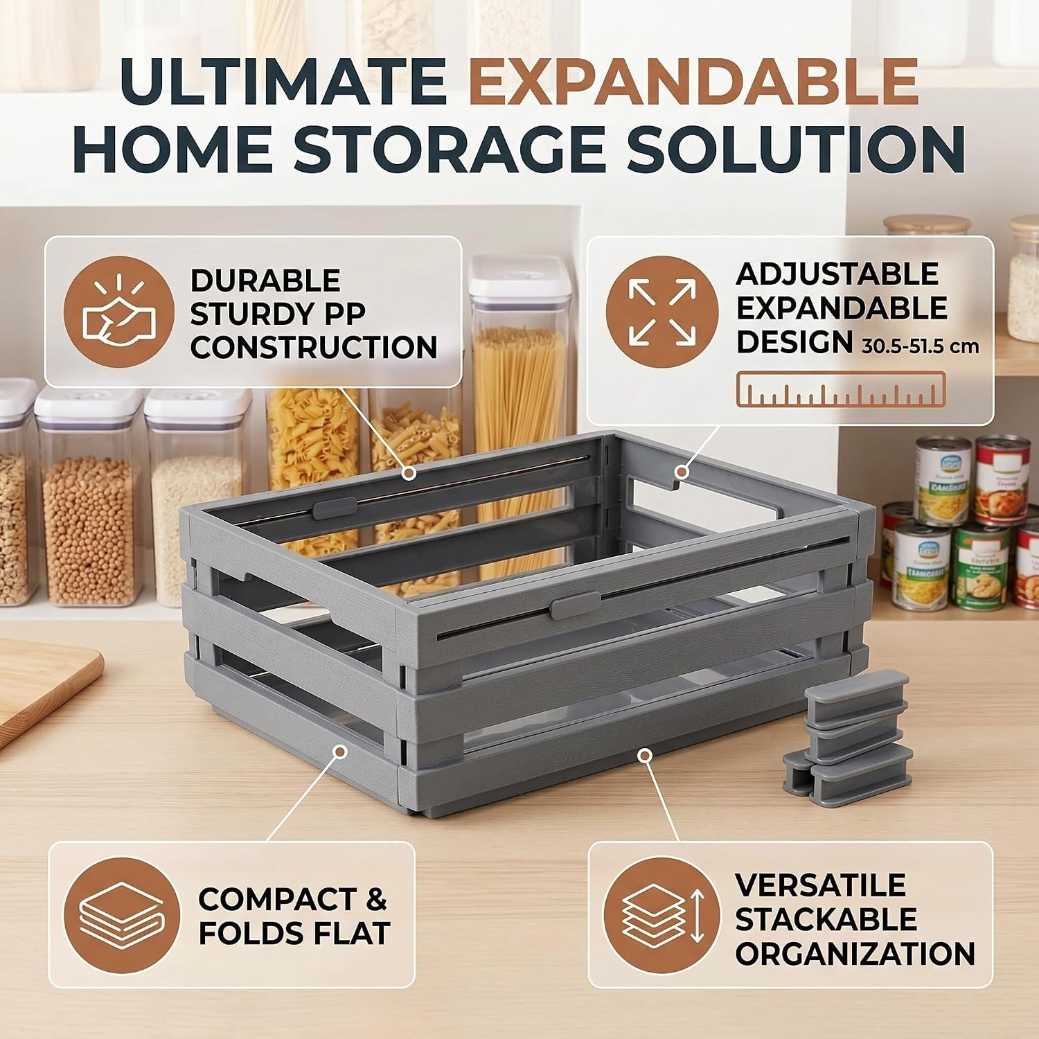 Stackable Storage Box, Gray | PP, Retractable, Organizer Container Bin, Expan…