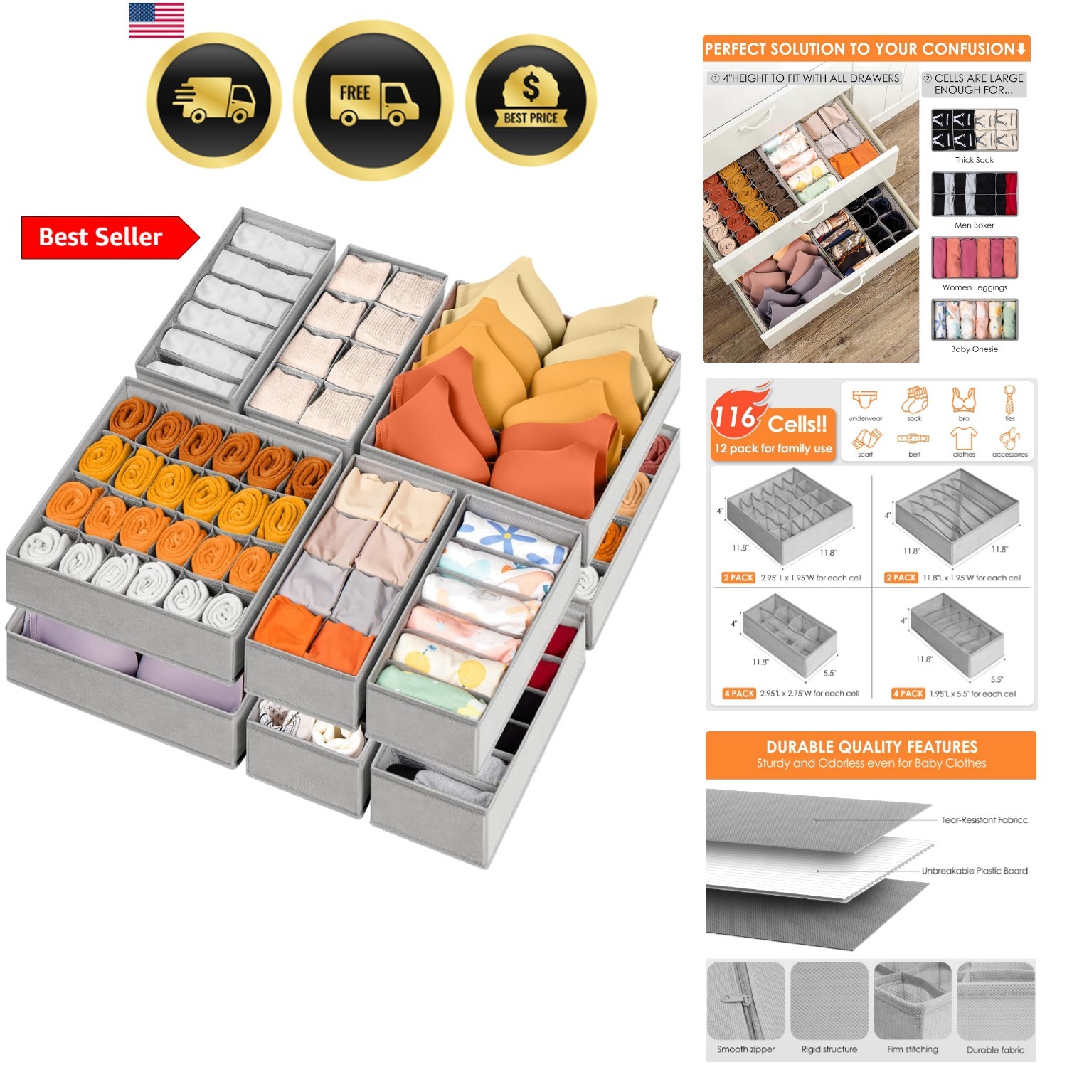 12 Pack Sock Underwear Drawer Organizer Dividers, 116 Cells Fabric Foldable D…