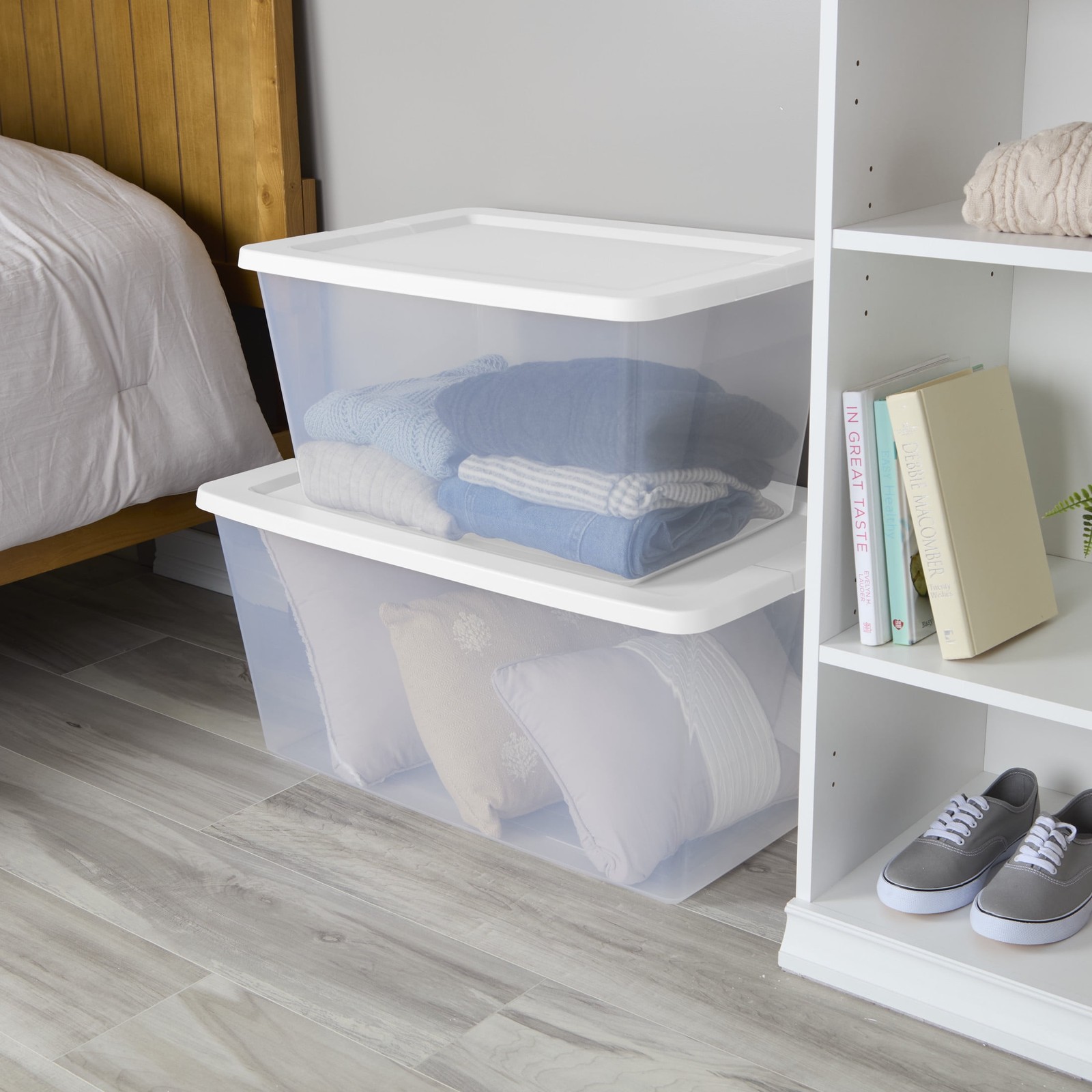 Sterilite, 58 Quart Clear Storage Bin,Snap-on Lid Storage Container,with White