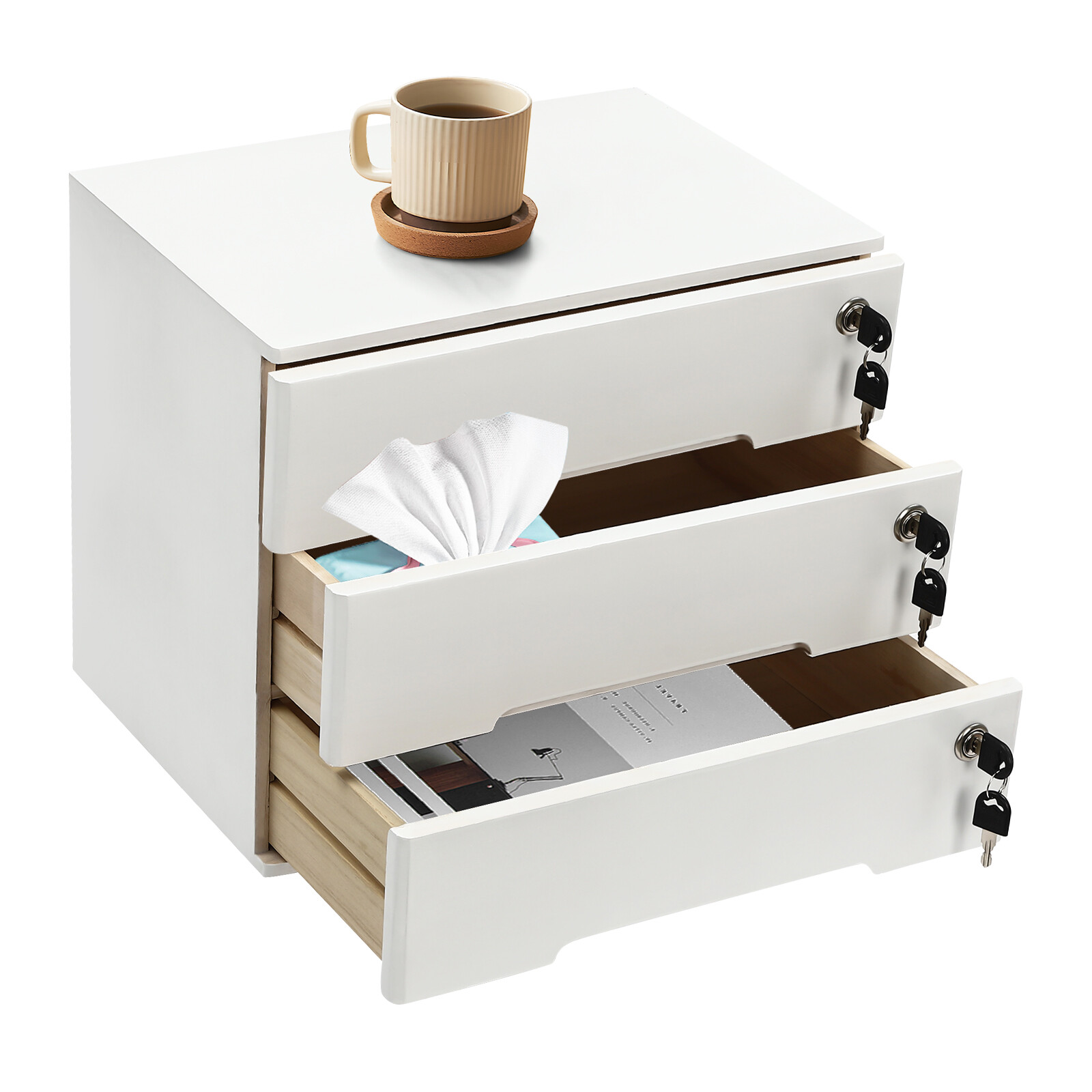 Wooden Desktop Storage Box with Lockable Drawers, Office Supplies File Organizer