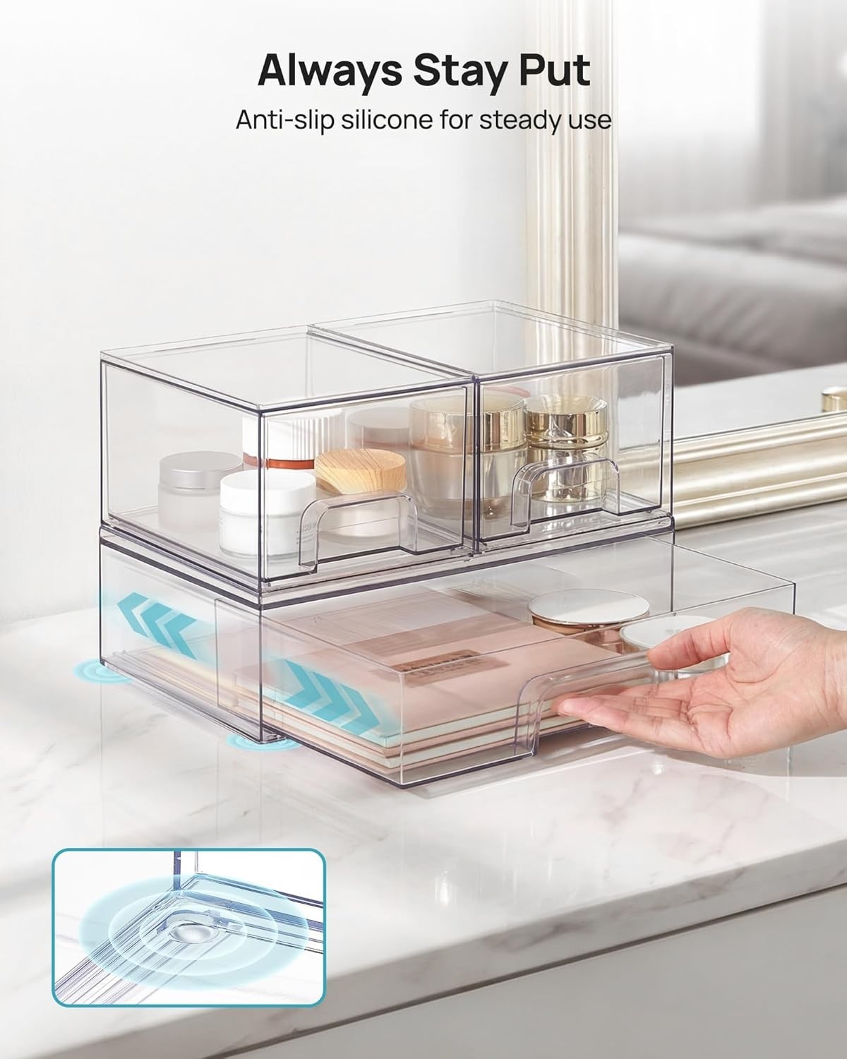 Stackable Storage Drawers 3 Count Clear Plastic Organizers for Beauty Supplies