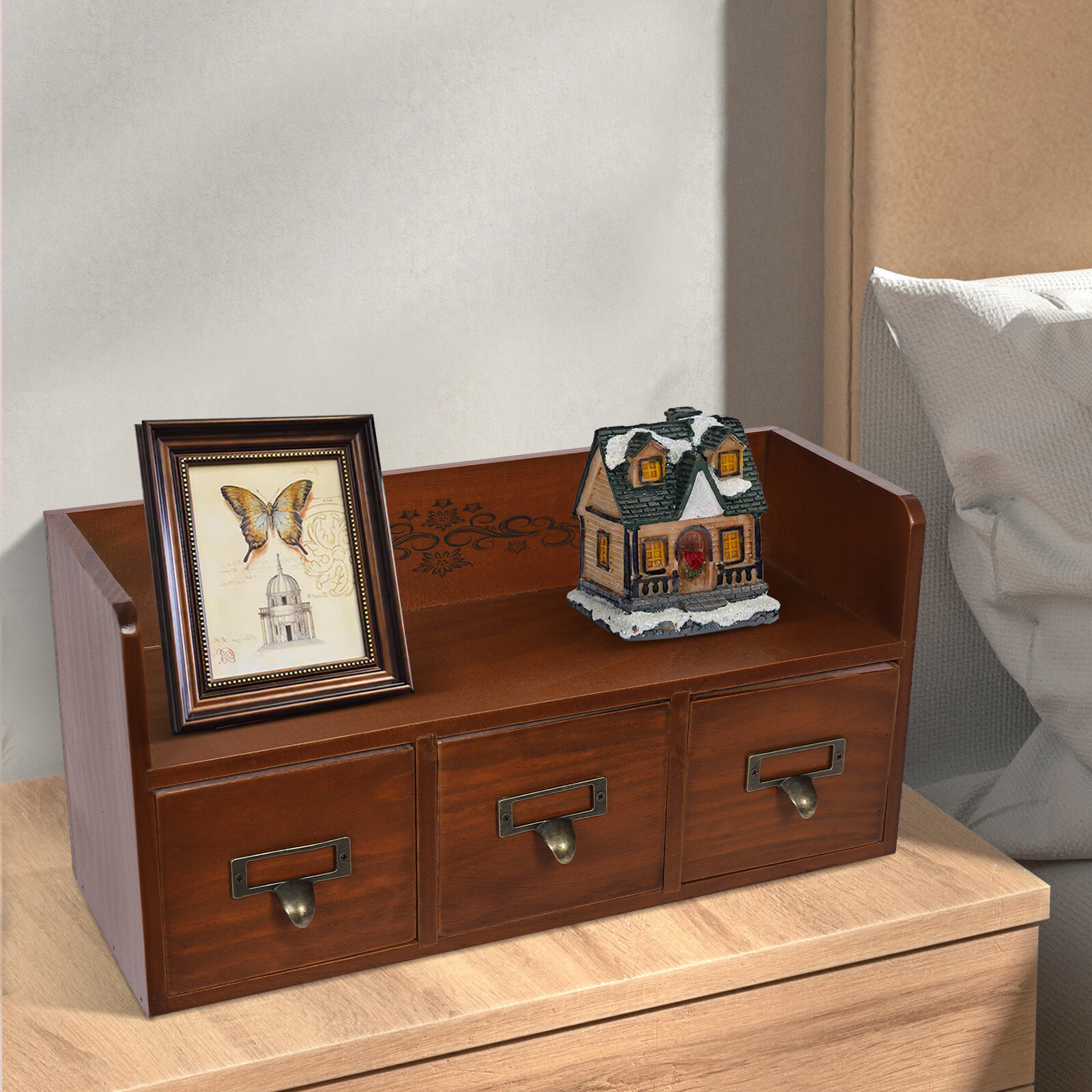 Vintage 3-Drawer Pine Wood Desktop Organizer for Cosmetics and Jewelry