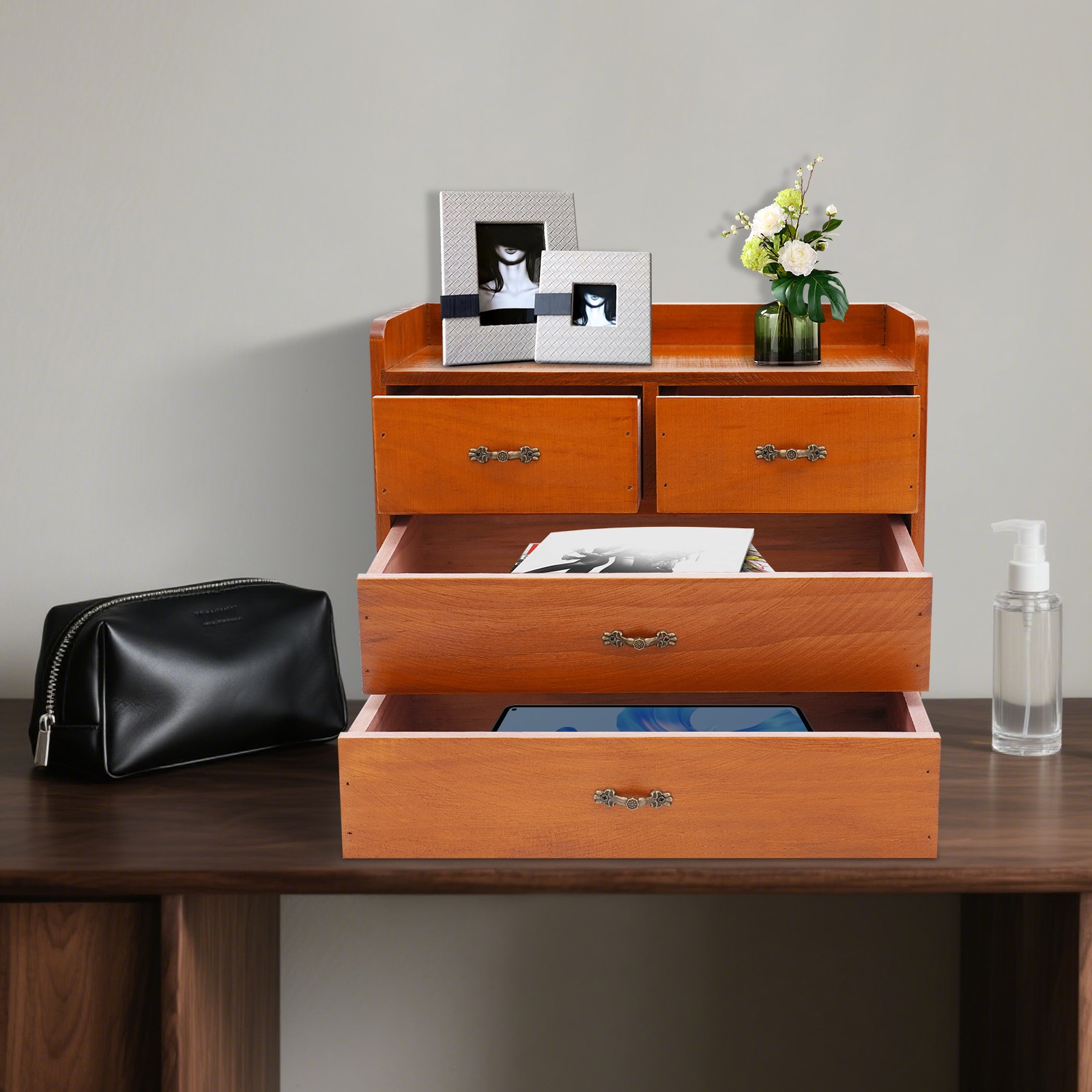 Retro Wooden 4 Drawer Desk Organizer Office Bedroom Tabletop Storage Drawer Box
