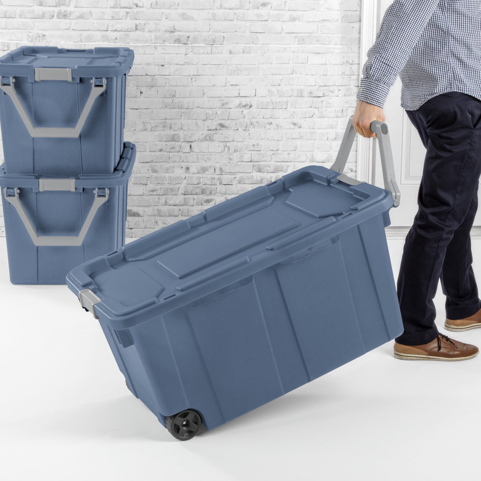40 Gallon Wheeled Industrial Tote, Rugged Plastic Storage Bin,Latch Lid,2 Count