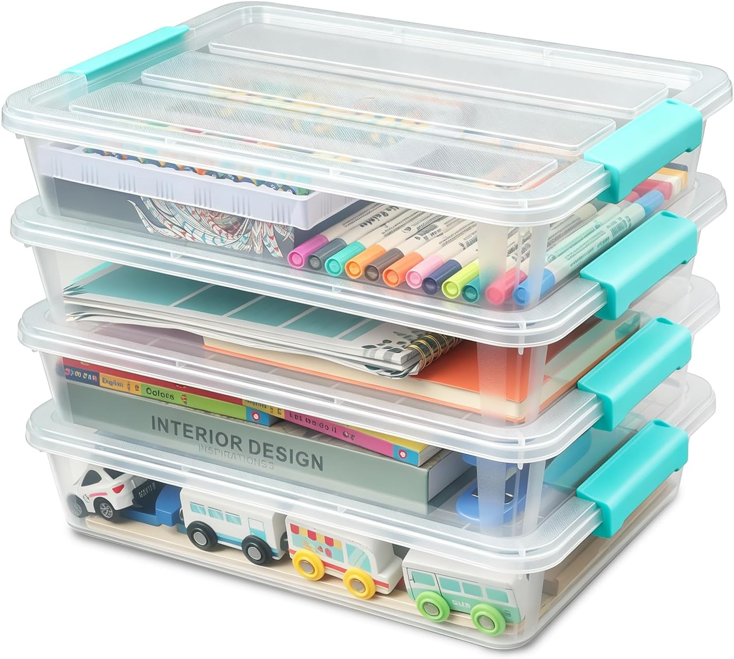 4 Pack Clear Storage Bins with Lids, A4 File Boxes, Green Latches | Craft Storag